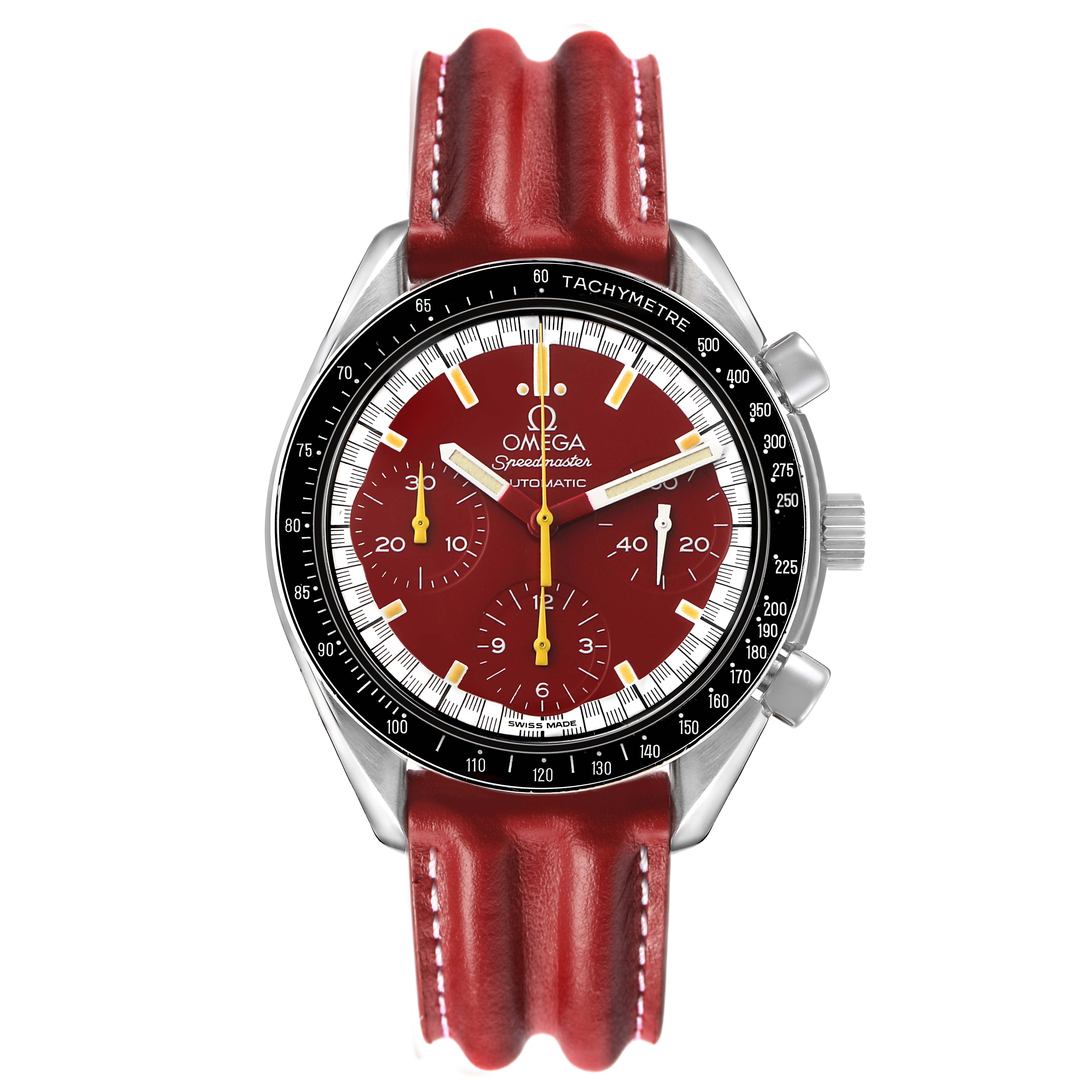 The Omega Speedmaster 3810.61.41 Men's Stainless Steel Red Dial watch is shown from the front, featuring a red dial, chronographs, and a red leather strap.
