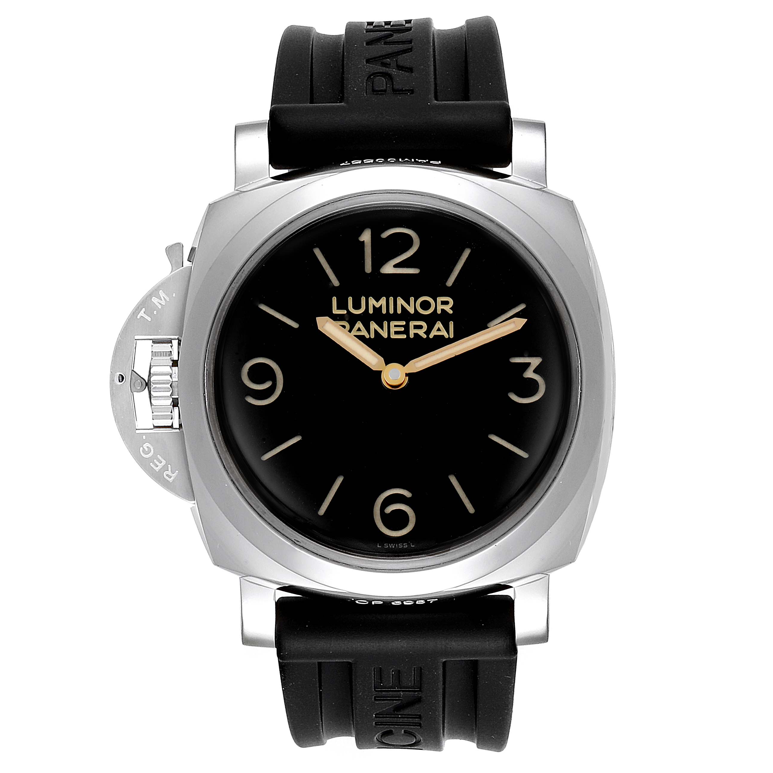 The image shows a front view of a Panerai Luminor PAM00557 Men's Stainless Steel Black Dial PAM00557 Men's Stainless Steel Black Dial watch with a black dial and black rubber strap.