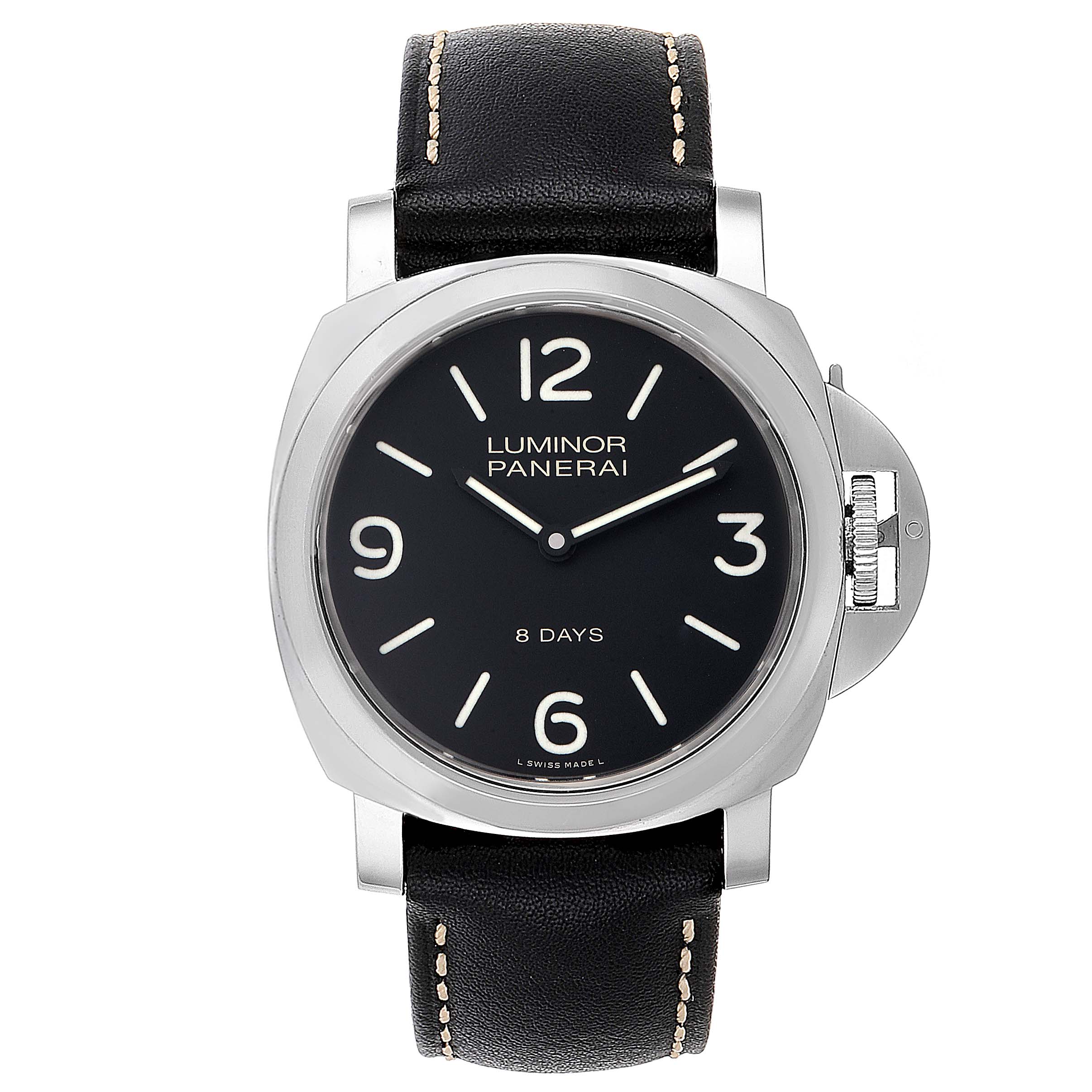The image shows a front view of the Panerai Luminor PAM00560 Men's Stainless Steel Black Dial PAM00560 Men's Stainless Steel Black Dial watch, highlighting its black dial, leather strap, and protective crown guard.