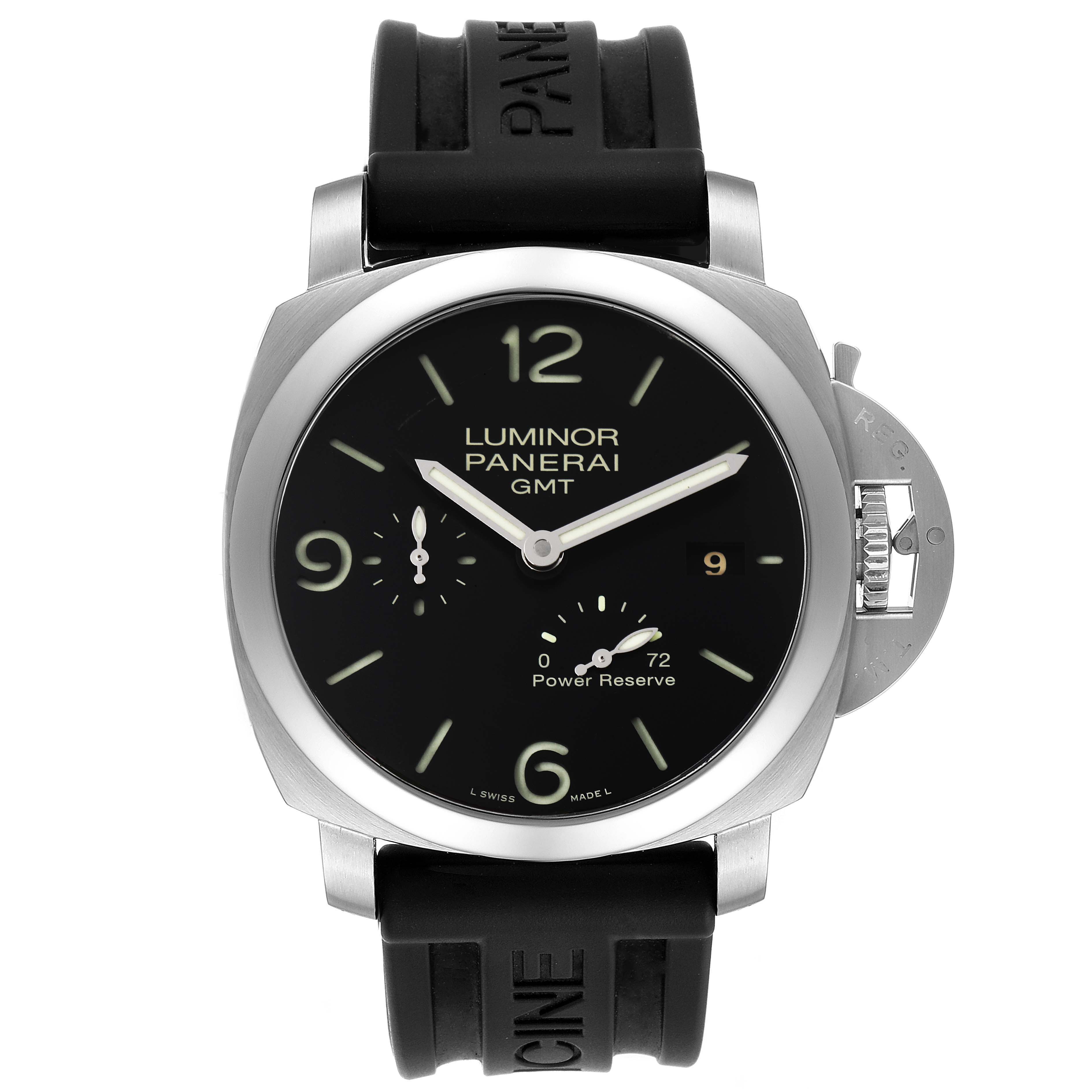 The image shows a front view of a Panerai Luminor PAM00321 Men's Stainless Steel Black Dial PAM00321 Men's Stainless Steel Black Dial GMT watch, highlighting the dial, hands, power reserve indicator, and strap.