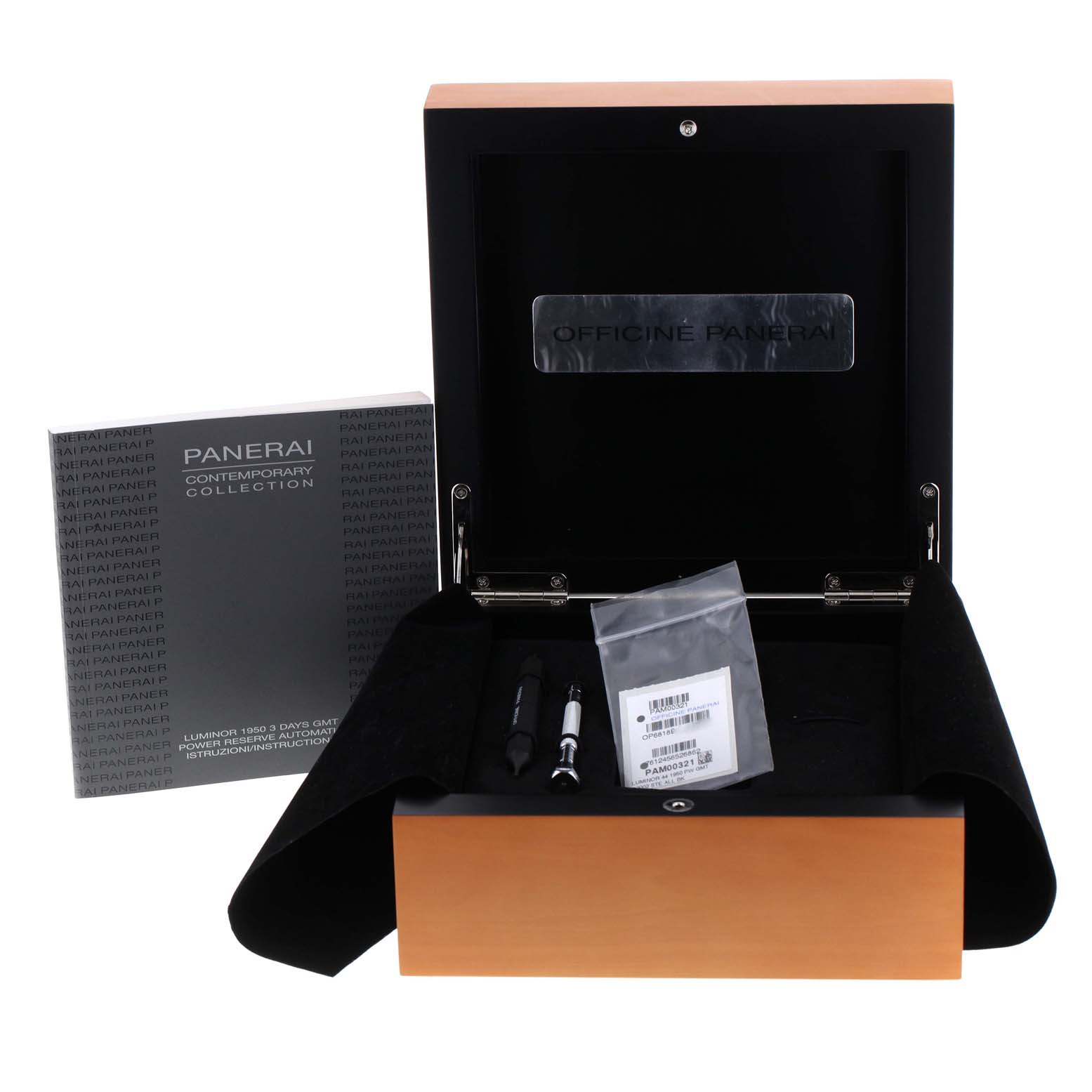 The image shows an open box for a Luminor model by Panerai, alongside tools and a booklet titled "Contemporary Collection."