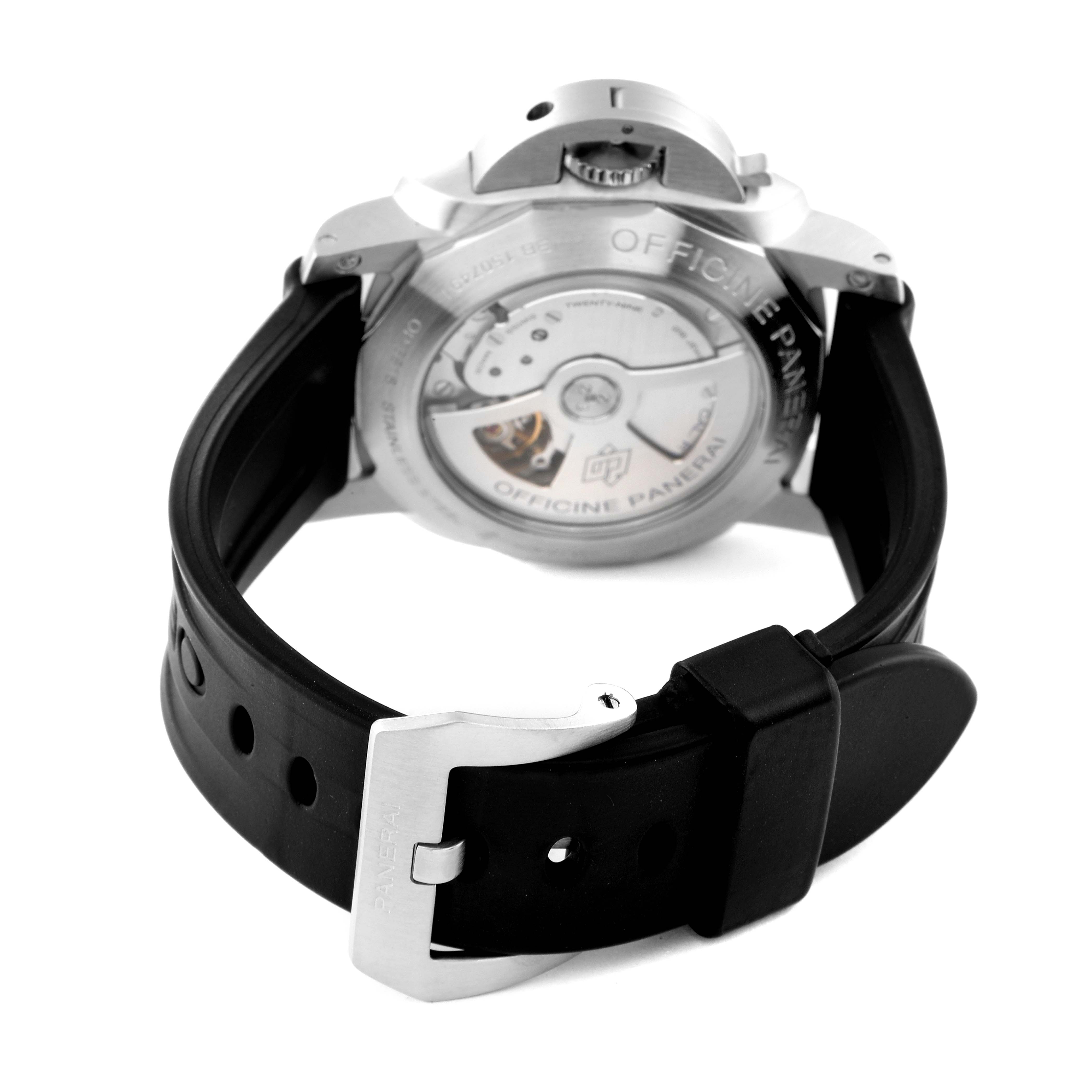 The image shows the back angle of the Panerai Luminor PAM00321 Men's Stainless Steel Black Dial PAM00321 Men's Stainless Steel Black Dial watch, highlighting its transparent case back and black rubber strap.