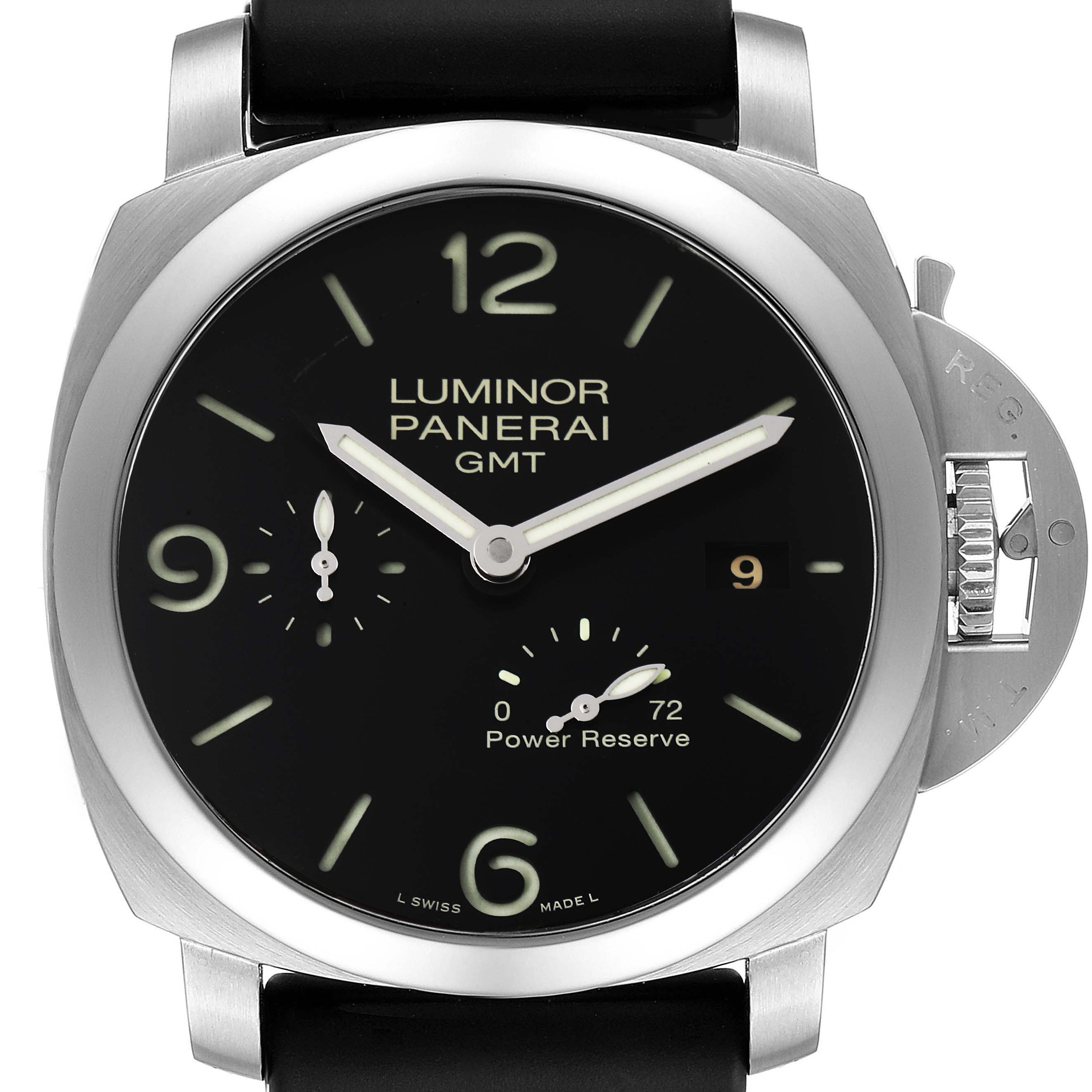 The image shows a front view of a Panerai Luminor PAM00321 Men's Stainless Steel Black Dial PAM00321 Men's Stainless Steel Black Dial GMT watch, featuring its dial and crown-guard lock.