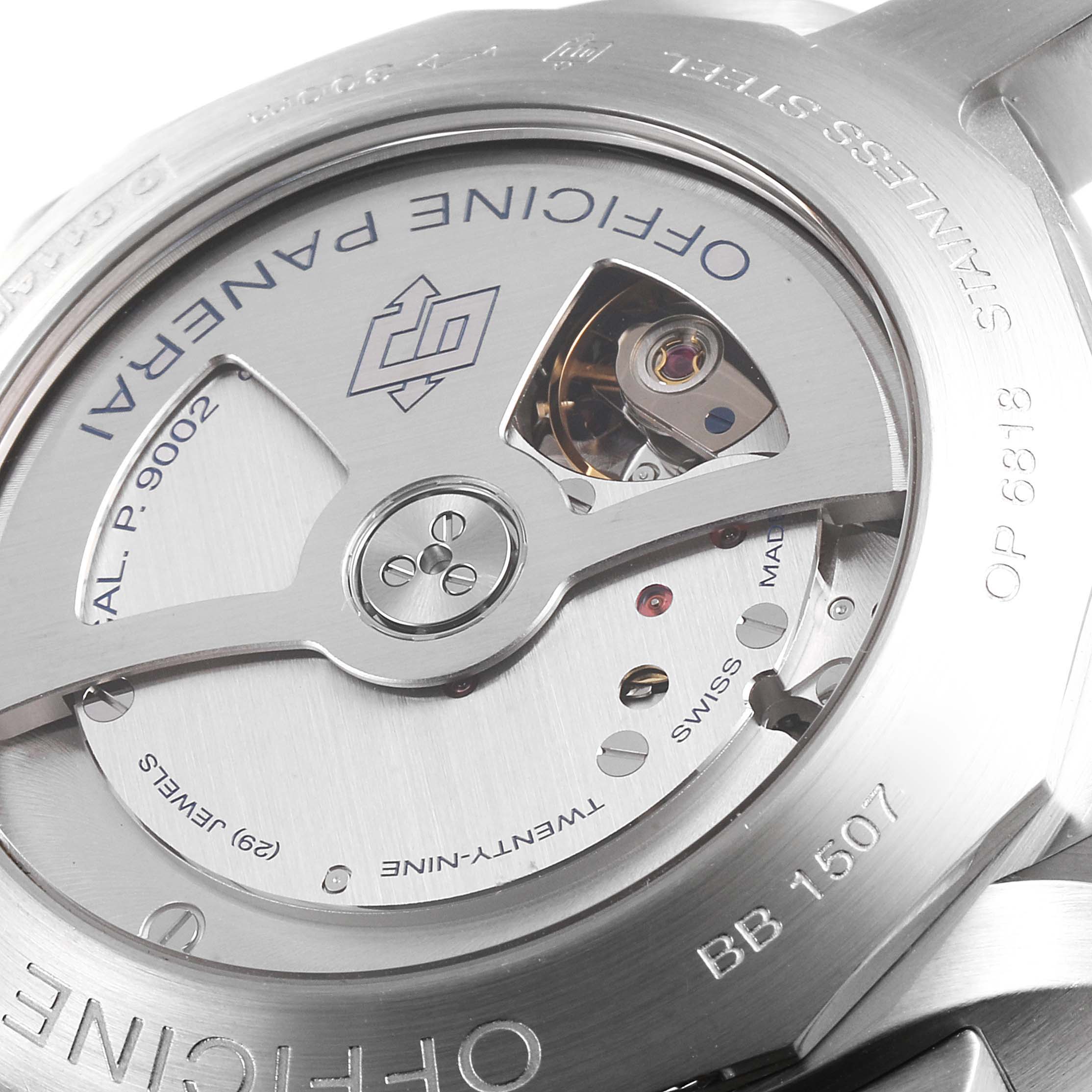 This image shows the back view of a Panerai Luminor PAM00321 Men's Stainless Steel Black Dial PAM00321 Men's Stainless Steel Black Dial watch, highlighting its exposed movement and engravings.