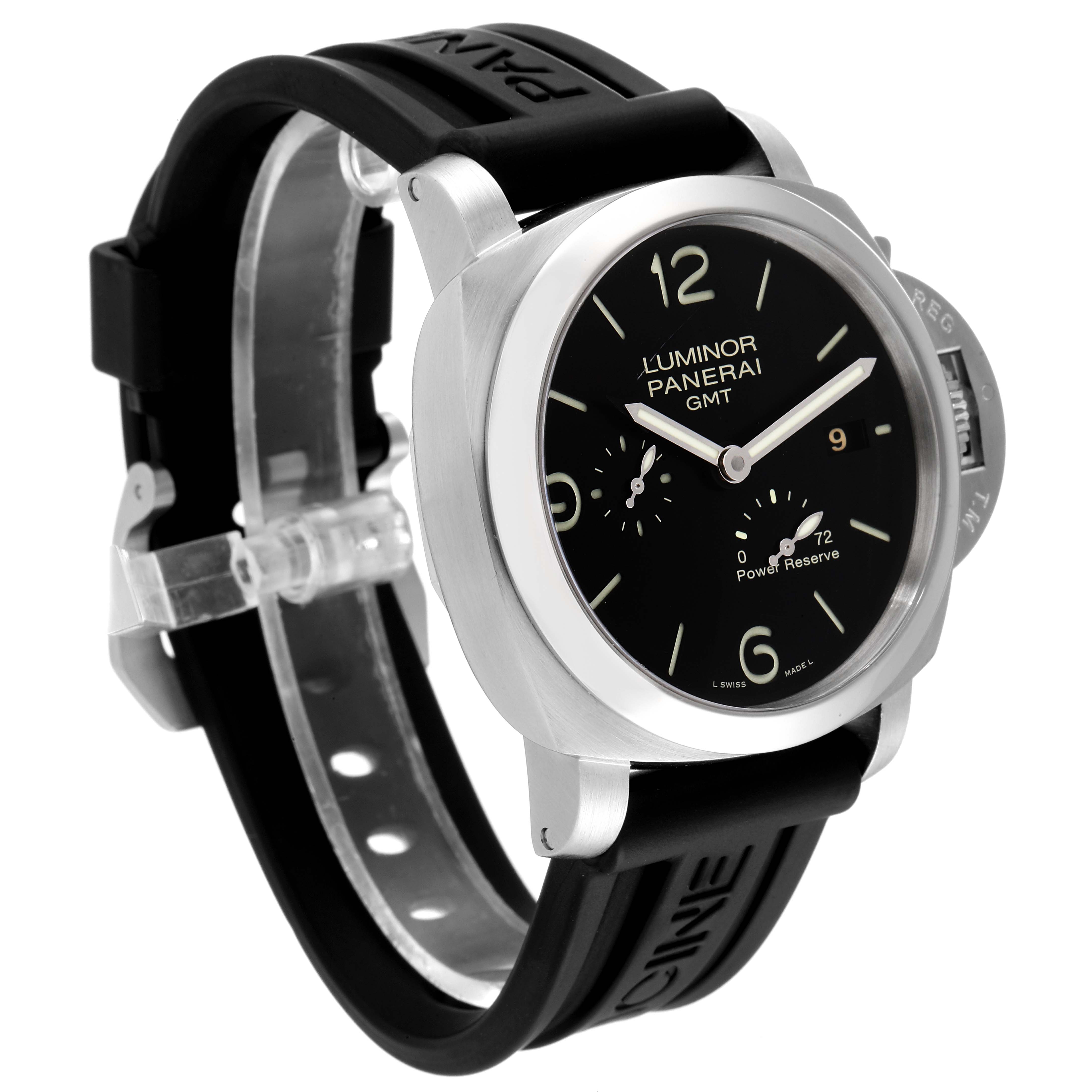 The image shows a Panerai Luminor PAM00321 Men's Stainless Steel Black Dial PAM00321 Men's Stainless Steel Black Dial model watch from an angled view, highlighting its face, bezel, and black rubber strap.