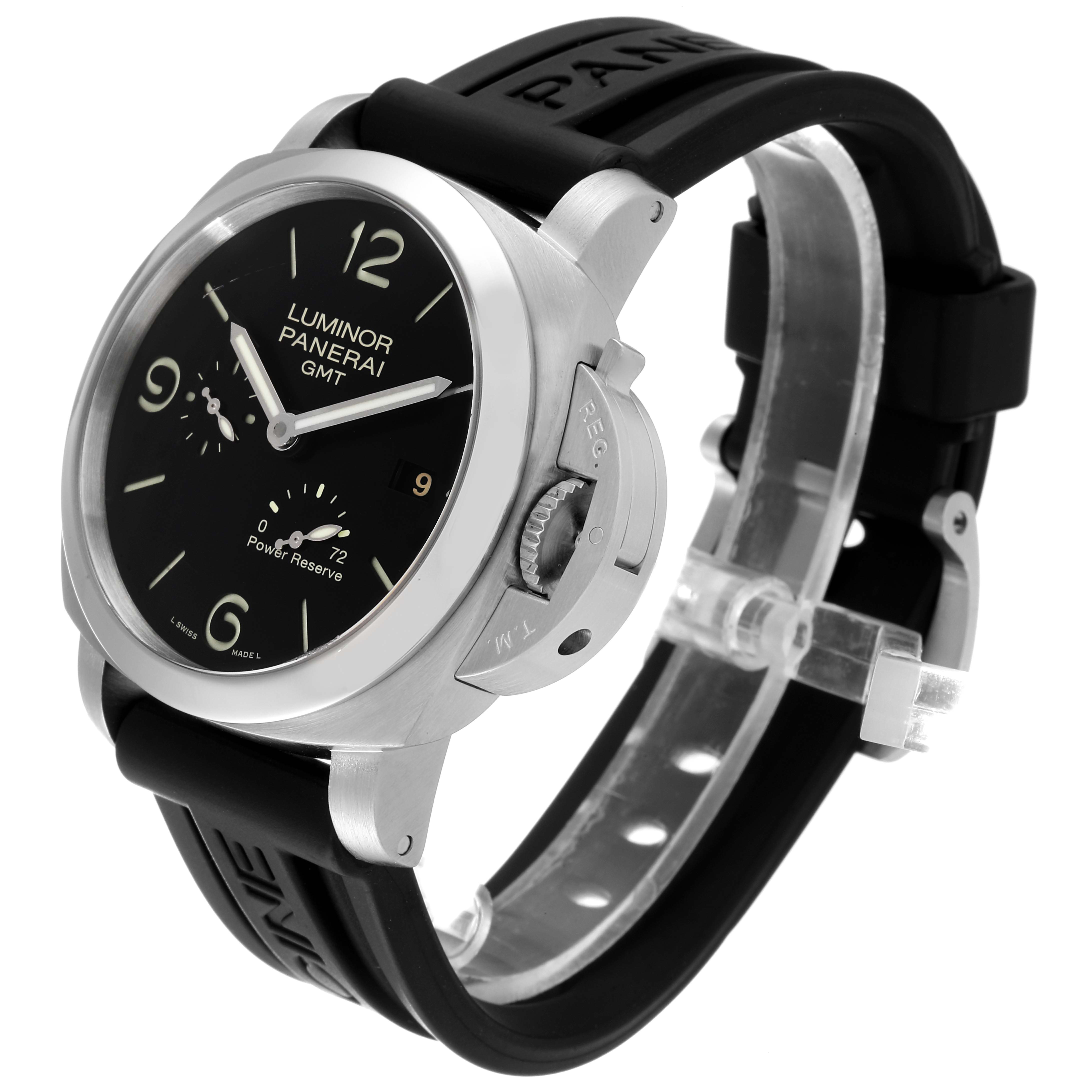 The image shows a Panerai Luminor PAM00321 Men's Stainless Steel Black Dial PAM00321 Men's Stainless Steel Black Dial GMT watch at a three-quarter angle, highlighting the face, crown guard, and strap.