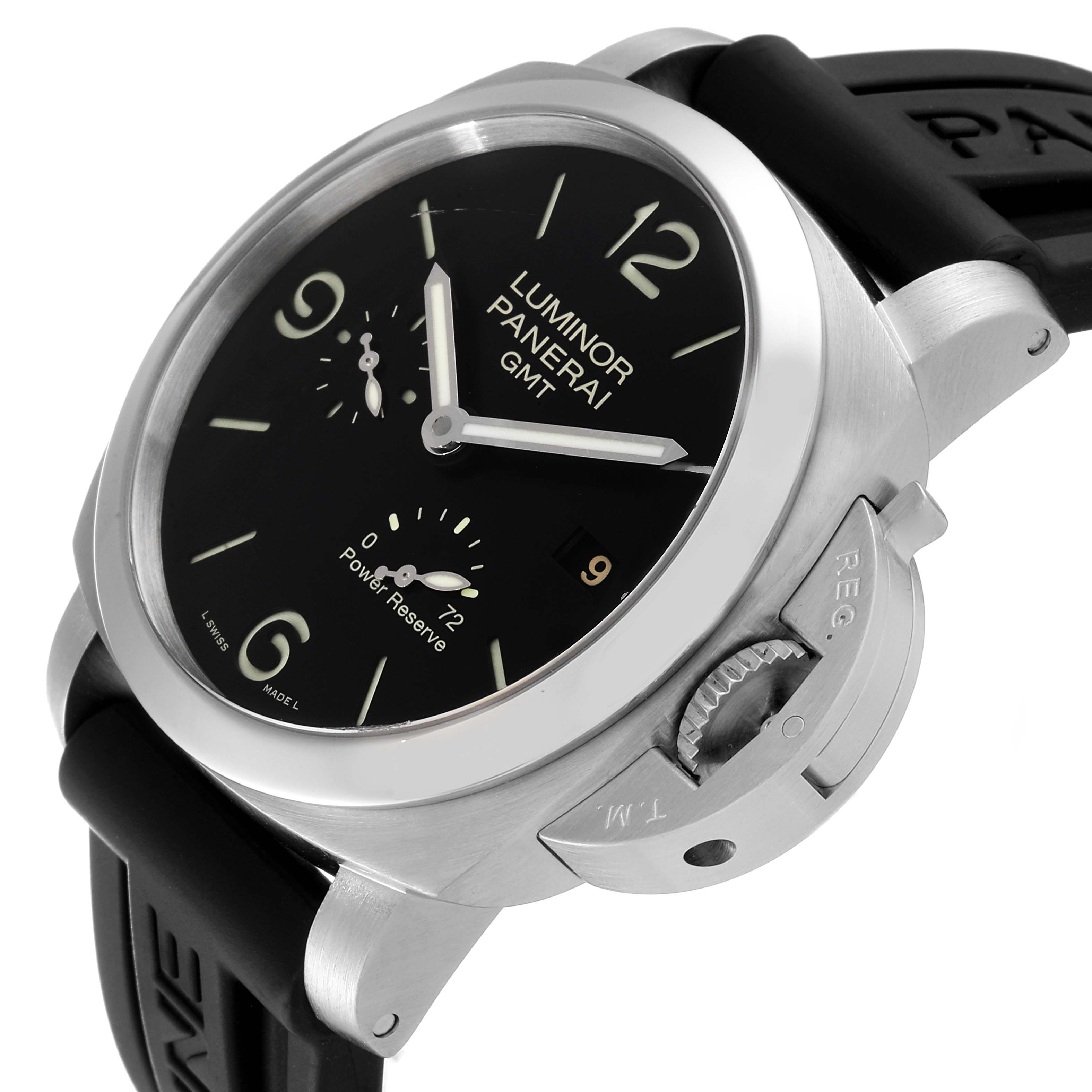 This image shows a close-up, angled view of the Panerai Luminor PAM00321 Men's Stainless Steel Black Dial PAM00321 Men's Stainless Steel Black Dial watch, highlighting its dial, crown guard, and strap.