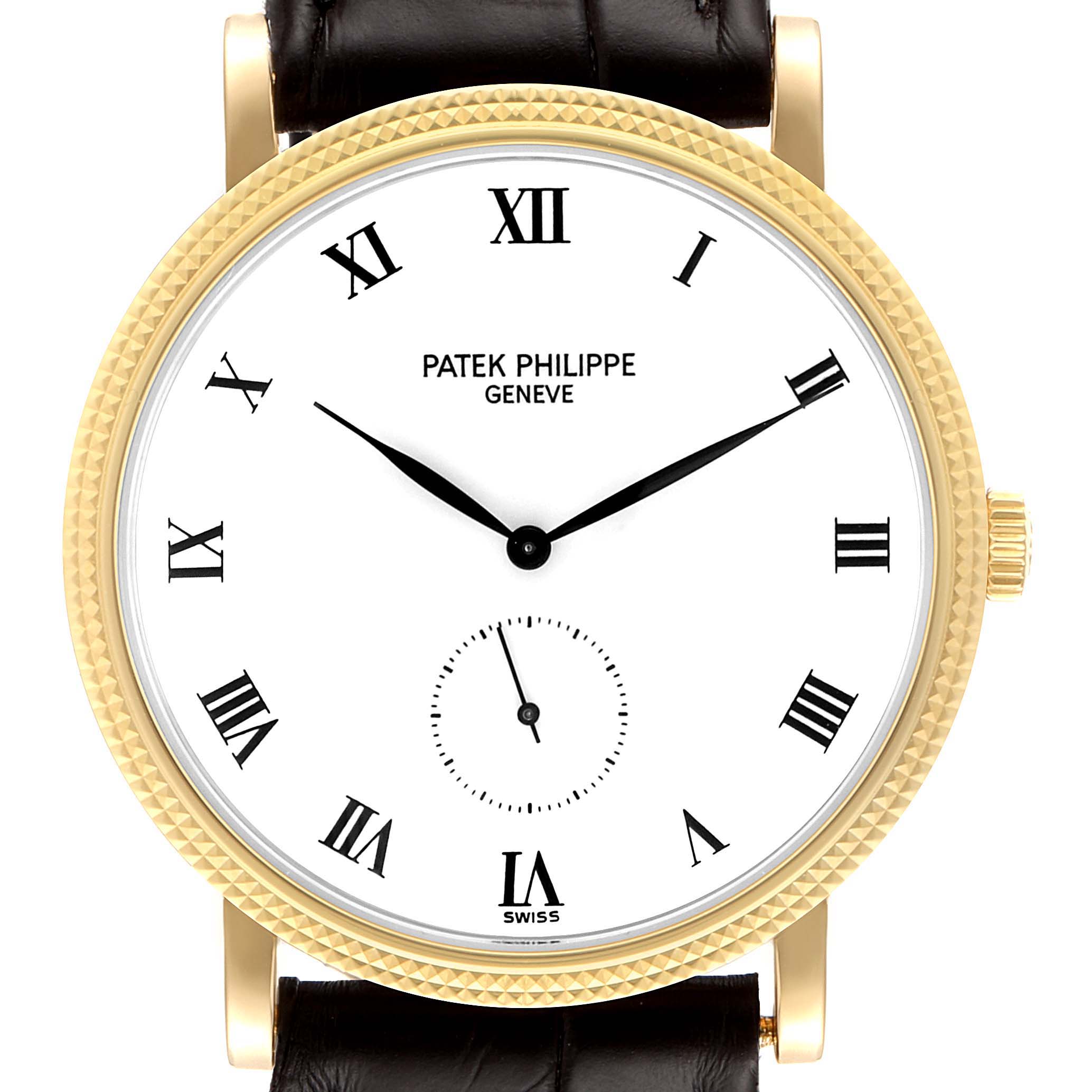 The image shows a front view of a Patek Philippe Calatrava 3919J Men's Yellow Gold White Dial 3919J Men's Yellow Gold White Dial watch, featuring its white dial, Roman numerals, and gold case with a black leather strap.