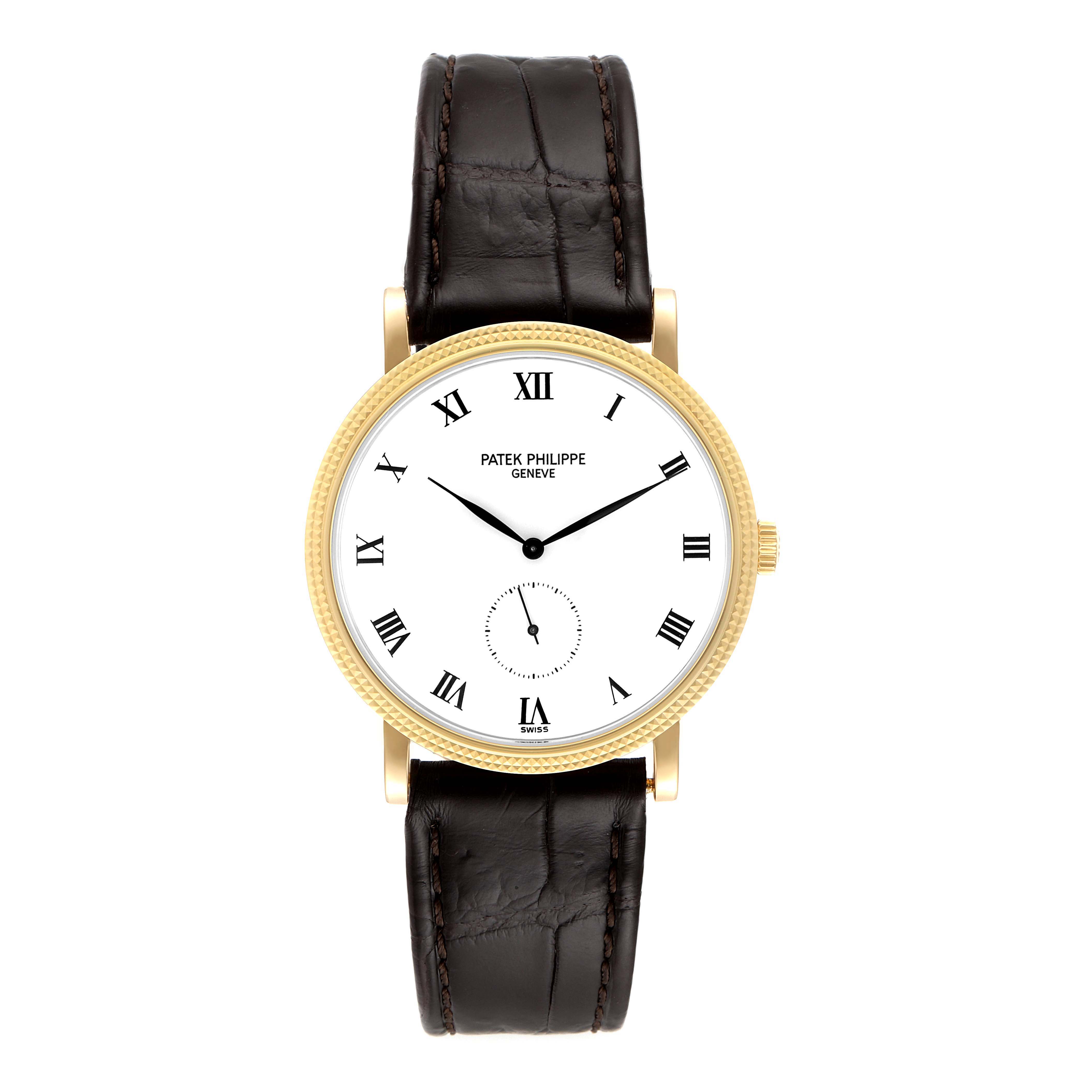 The image shows a front view of the Patek Philippe Calatrava 3919J Men's Yellow Gold White Dial 3919J Men's Yellow Gold White Dial watch, featuring a leather strap and Roman numeral dial.