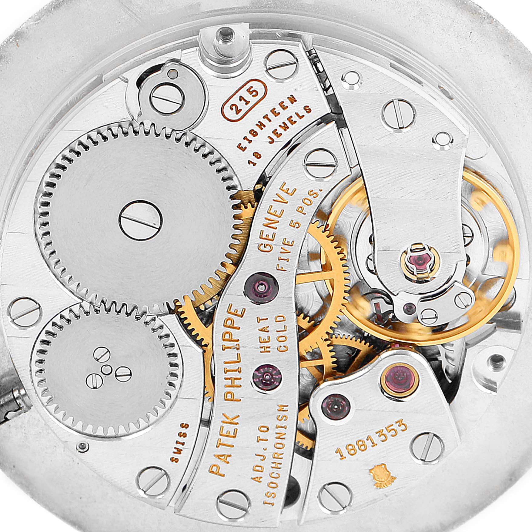 This image shows the inner mechanical movement and components of the Patek Philippe Calatrava 3919J Men's Yellow Gold White Dial 3919J Men's Yellow Gold White Dial watch model 215 from a close-up angle.