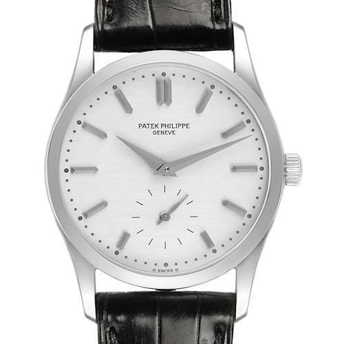 The image shows a front-facing view of the Patek Philippe Calatrava 3796P-010 Men's Platinum Silver Dial watch, featuring its dial, hands, and part of the leather strap.