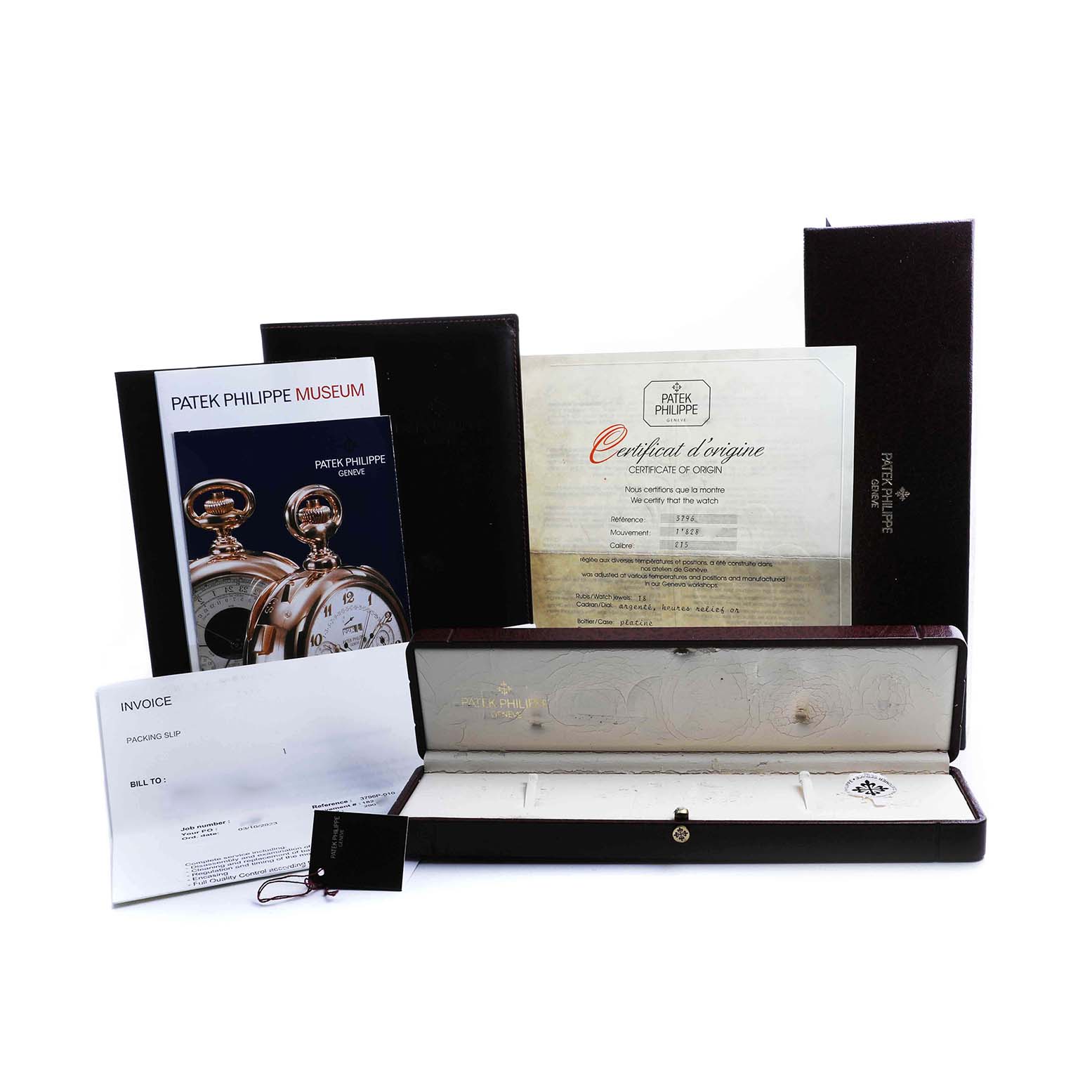 The image shows the packaging, documents, and a case for a Patek Philippe Calatrava 3796P-010 Men's Platinum Silver Dial watch, displayed at various angles.