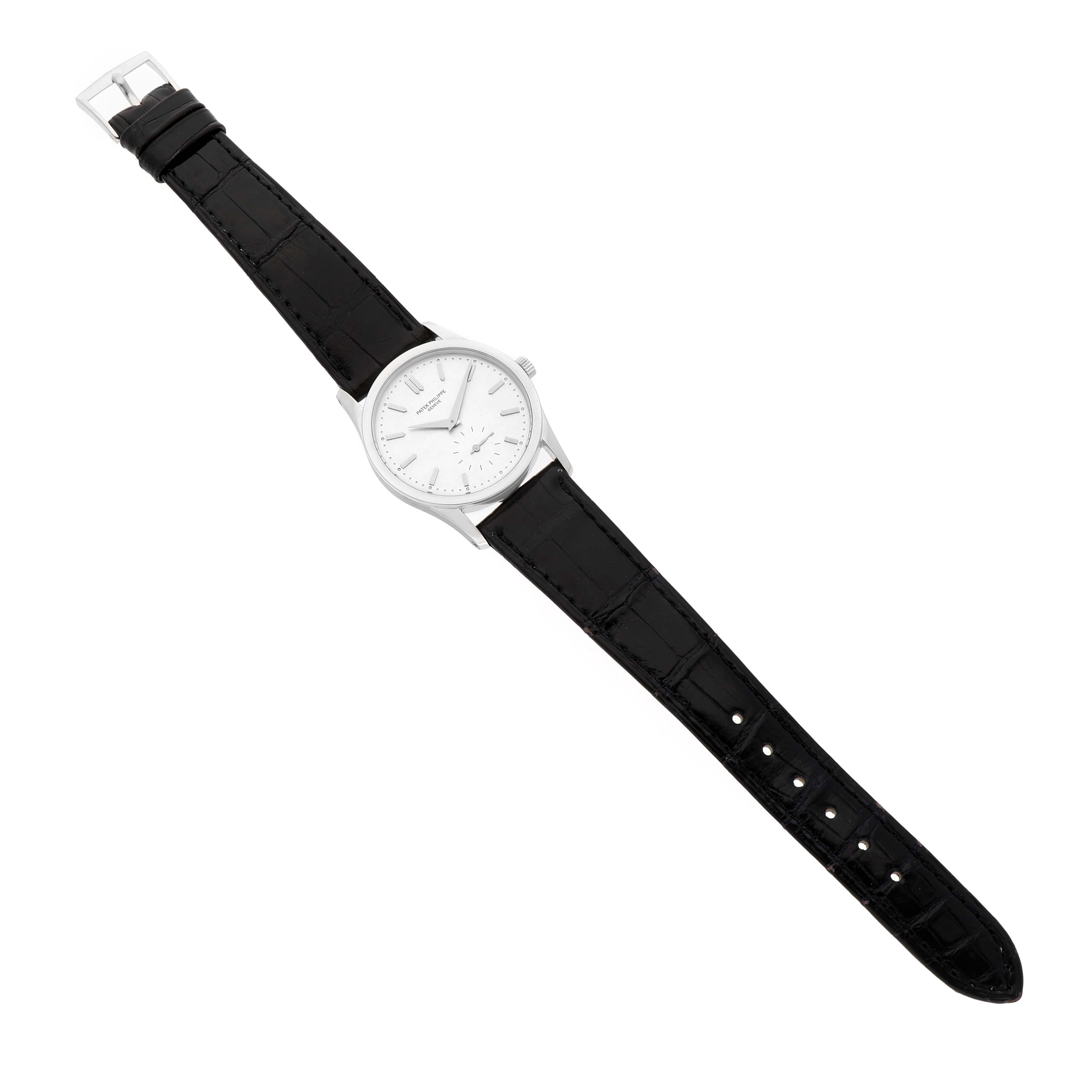 The Patek Philippe Calatrava 3796P-010 Men's Platinum Silver Dial watch is shown from a top-down angle, displaying the dial, case, and black leather strap.