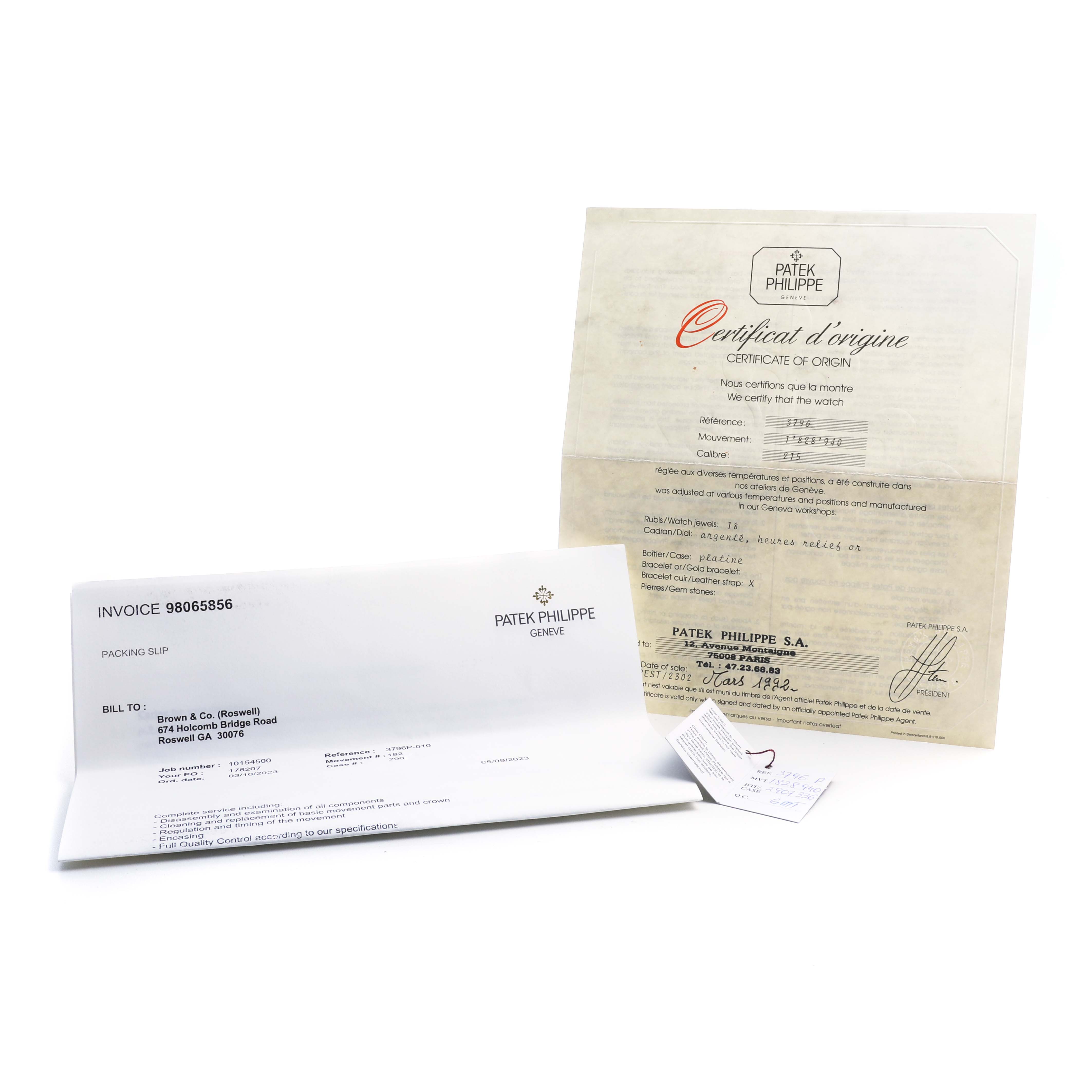 The image shows documentation for a Patek Philippe Calatrava 3796P-010 Men's Platinum Silver Dial, including a certificate of origin and an invoice.