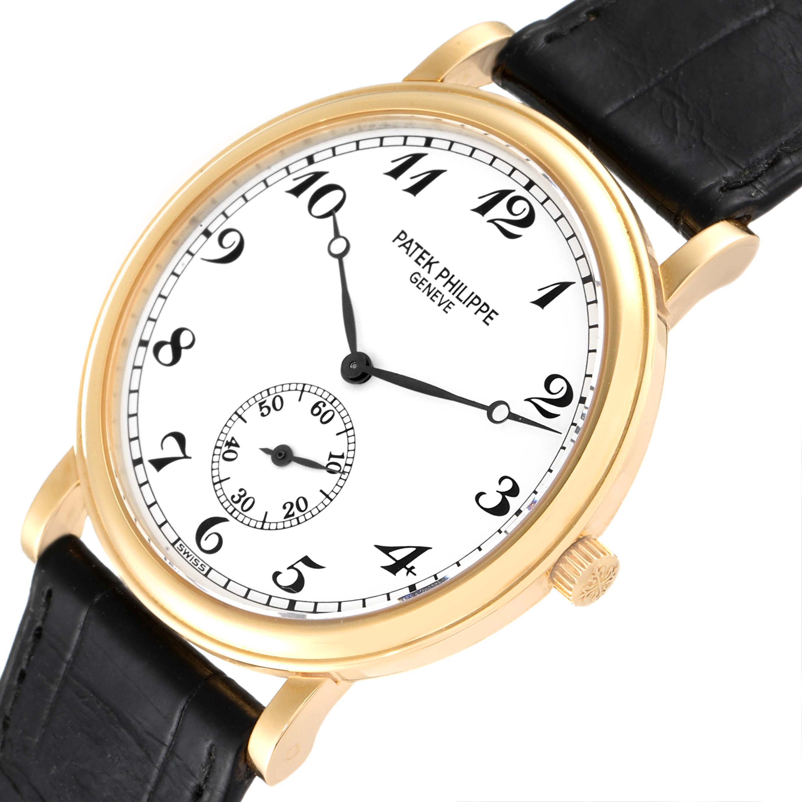 The image shows a top-angle view of a Patek Philippe Calatrava 5022 Men's Yellow Gold White Dial 5022 Men's Yellow Gold White Dial watch displaying its dial, hands, casing, and part of the strap.