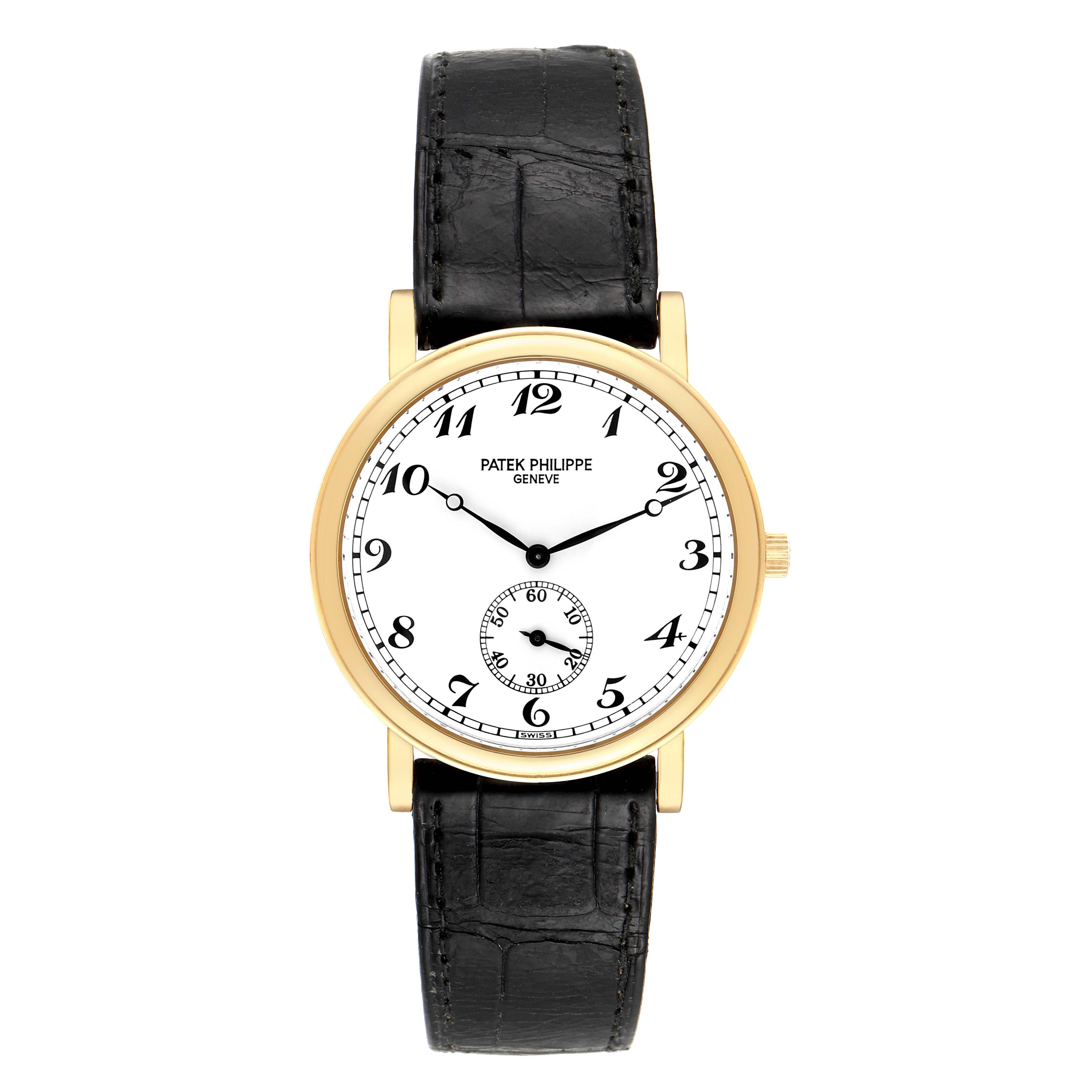 The image shows a front view of the Patek Philippe Calatrava 5022 Men's Yellow Gold White Dial 5022 Men's Yellow Gold White Dial watch, highlighting its dial, hands, case, and black leather strap.
