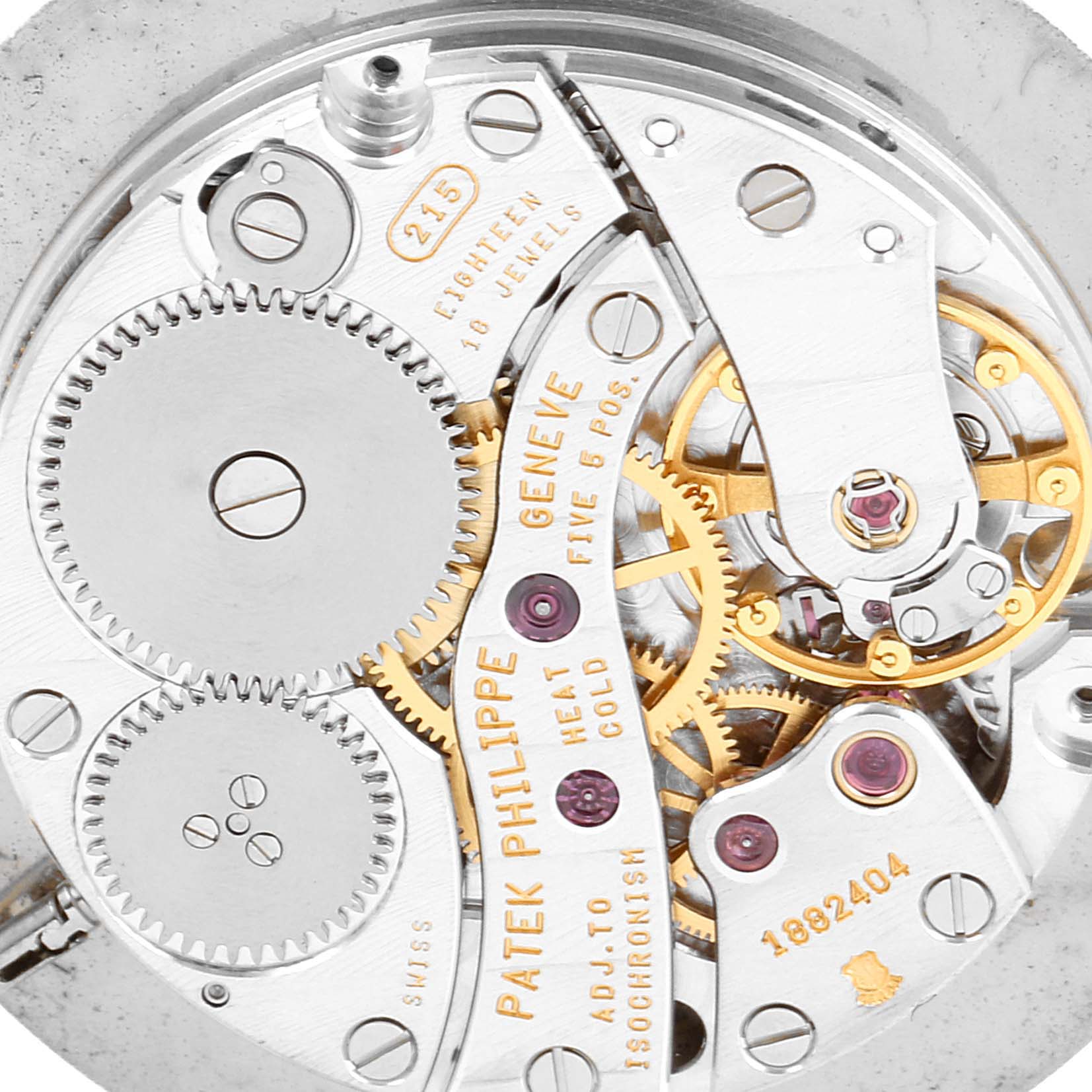 The image shows a close-up of the movement components of a Patek Philippe Calatrava 5022 Men's Yellow Gold White Dial 5022 Men's Yellow Gold White Dial watch.