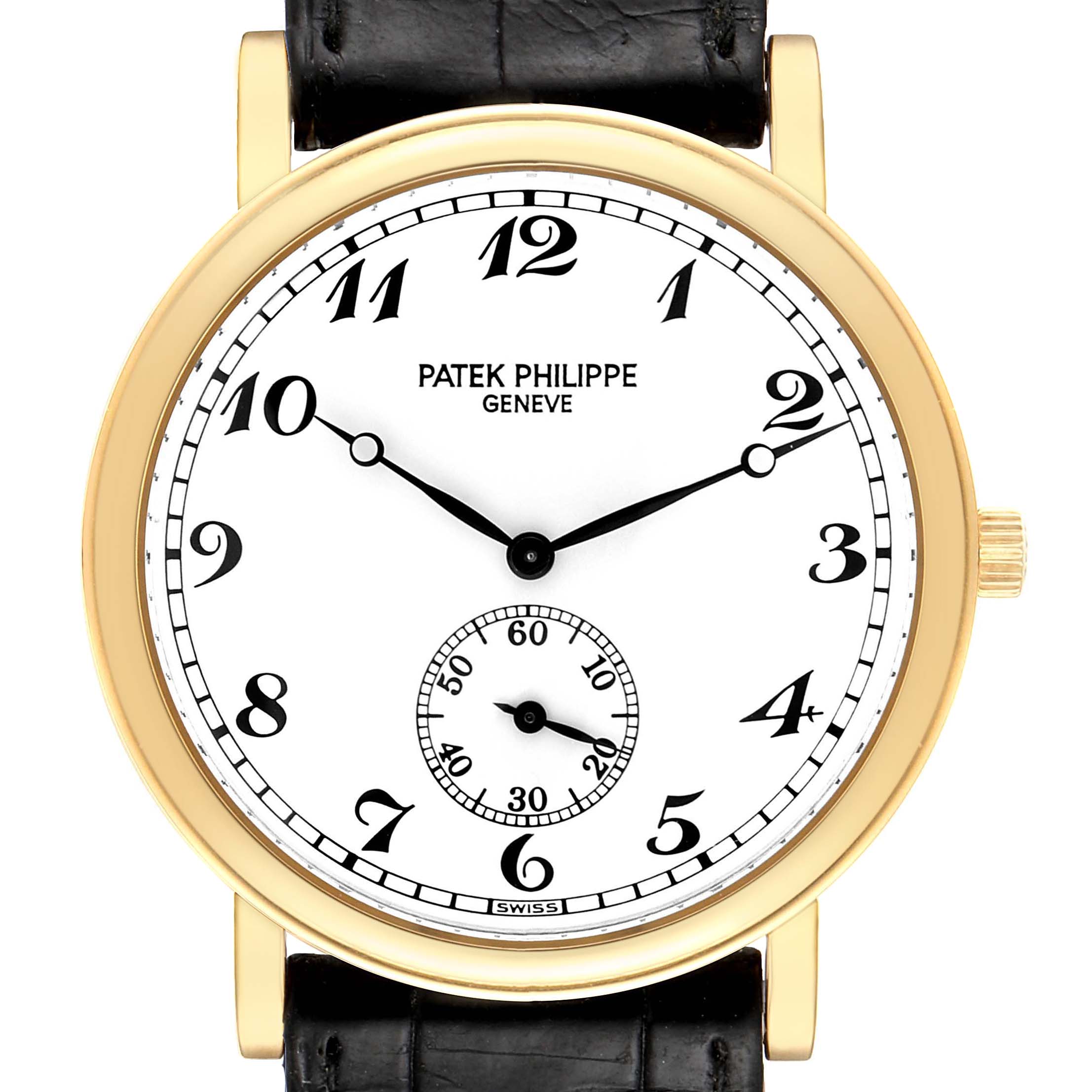 The image shows a front view of a Patek Philippe Calatrava 5022 Men's Yellow Gold White Dial 5022 Men's Yellow Gold White Dial watch, displaying its dial, hands, and leather strap.