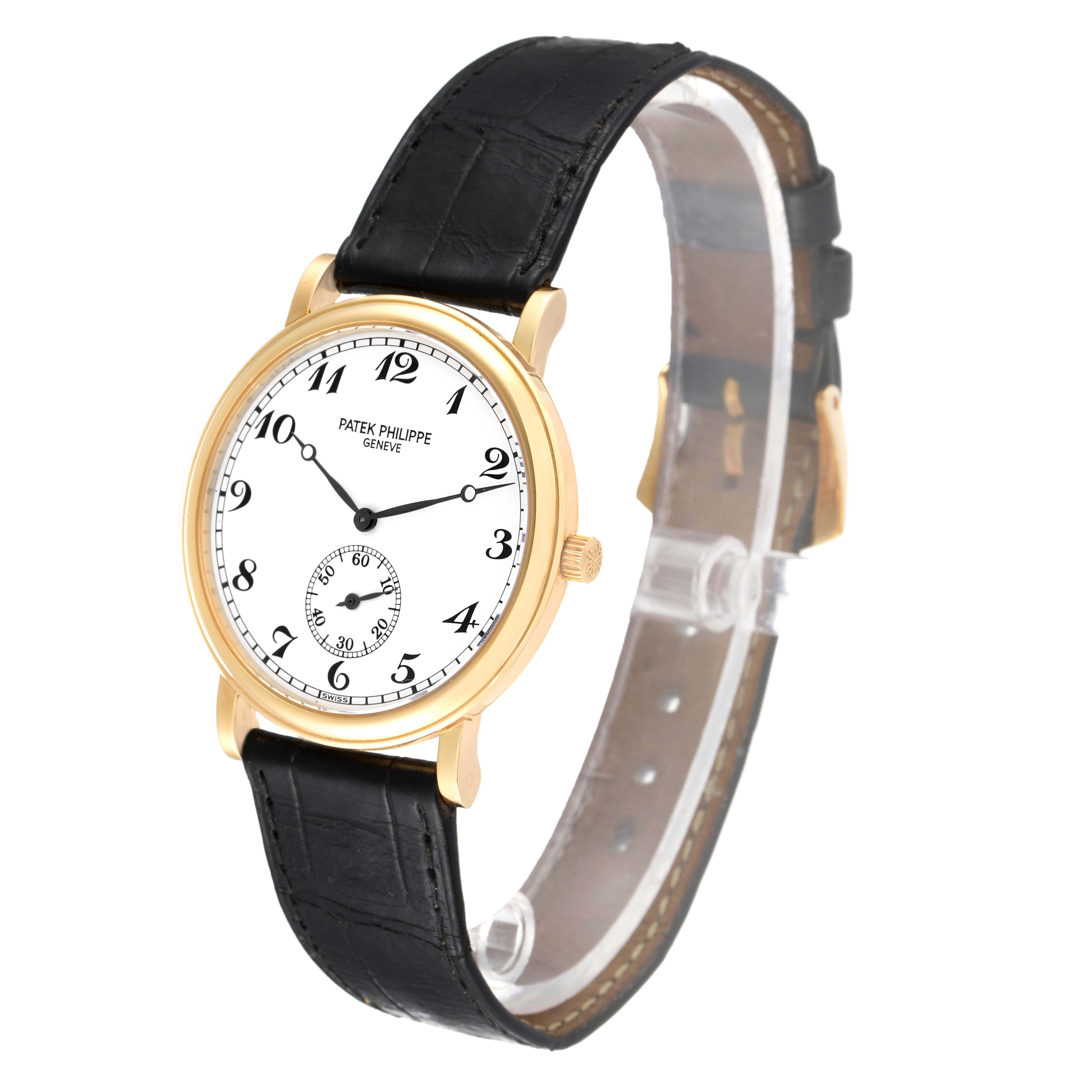 The image shows a Patek Philippe Calatrava 5022 Men's Yellow Gold White Dial 5022 Men's Yellow Gold White Dial watch at a front-right angle, displaying its face, crown, and leather strap.