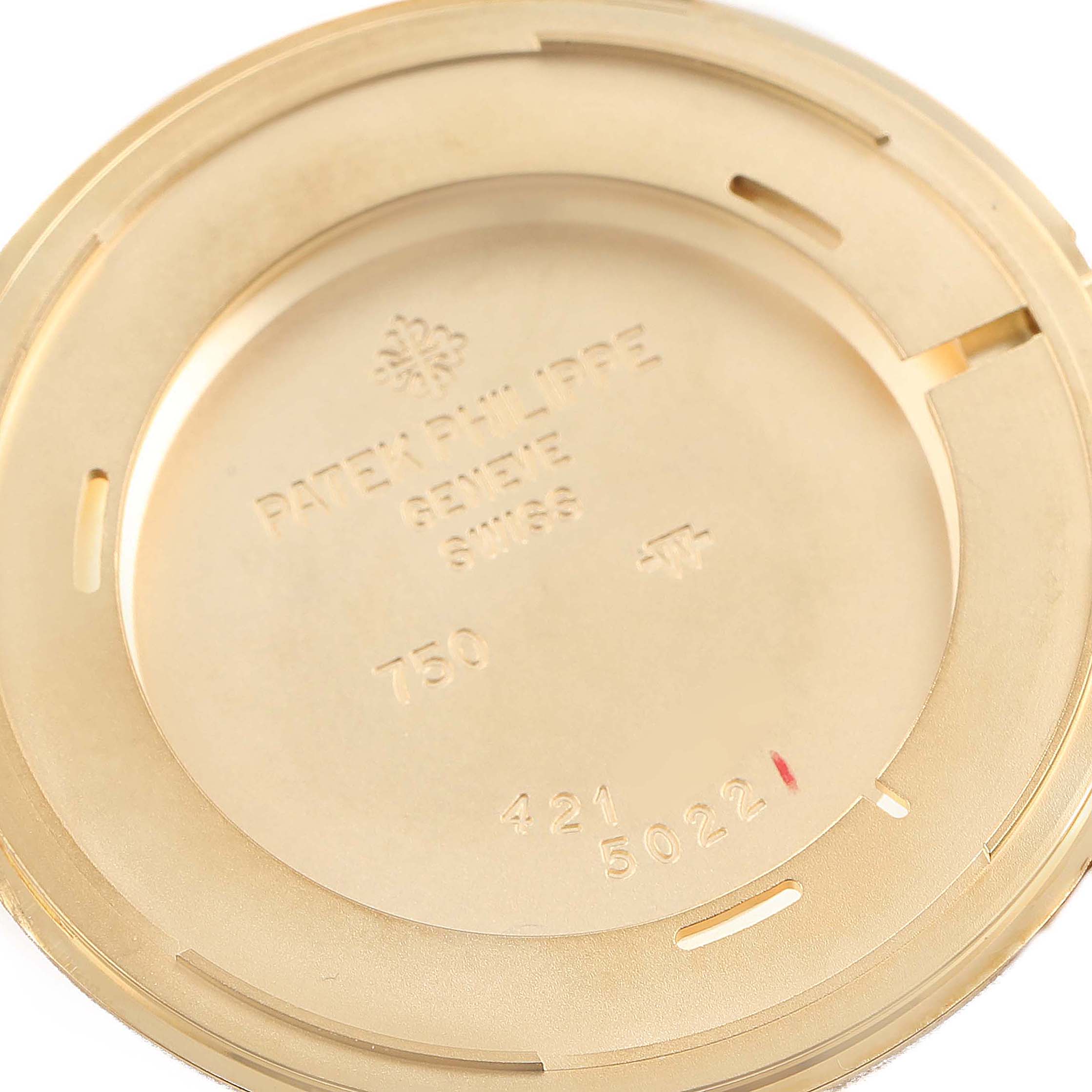 The image shows the back casing of a Patek Philippe Calatrava 5022 Men's Yellow Gold White Dial 5022 Men's Yellow Gold White Dial watch, viewed from the inner side.