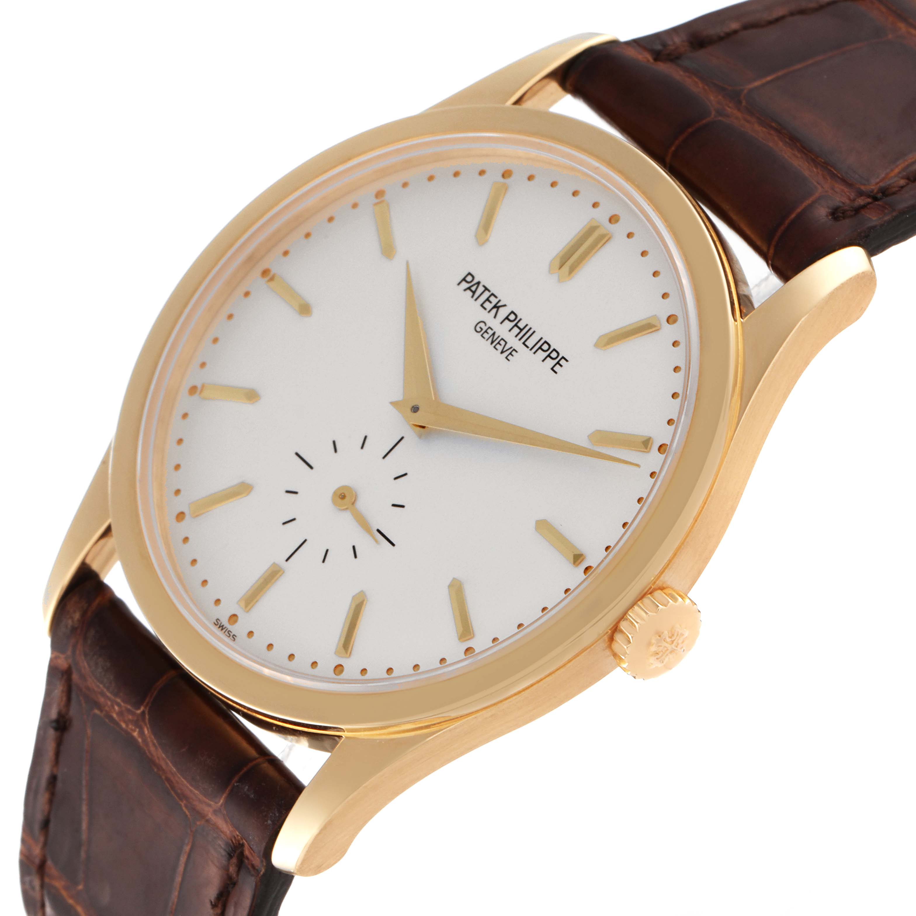 This image shows a Patek Philippe Calatrava 5196J Men's Yellow Gold Silver Dial 5196J Men's Yellow Gold Silver Dial watch at a side angle, highlighting its dial, hands, crown, and leather strap.