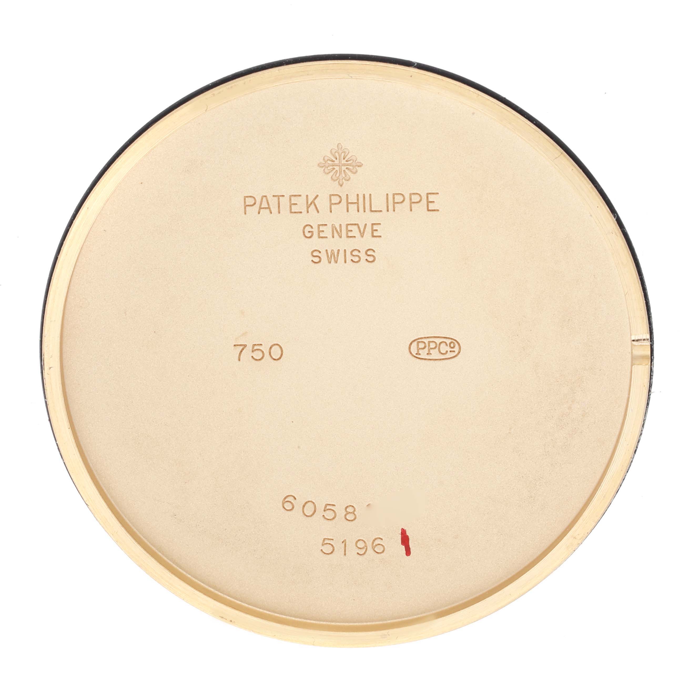 This image shows the inside case back of a Patek Philippe Calatrava 5196J Men's Yellow Gold Silver Dial 5196J Men's Yellow Gold Silver Dial watch, model 5196.