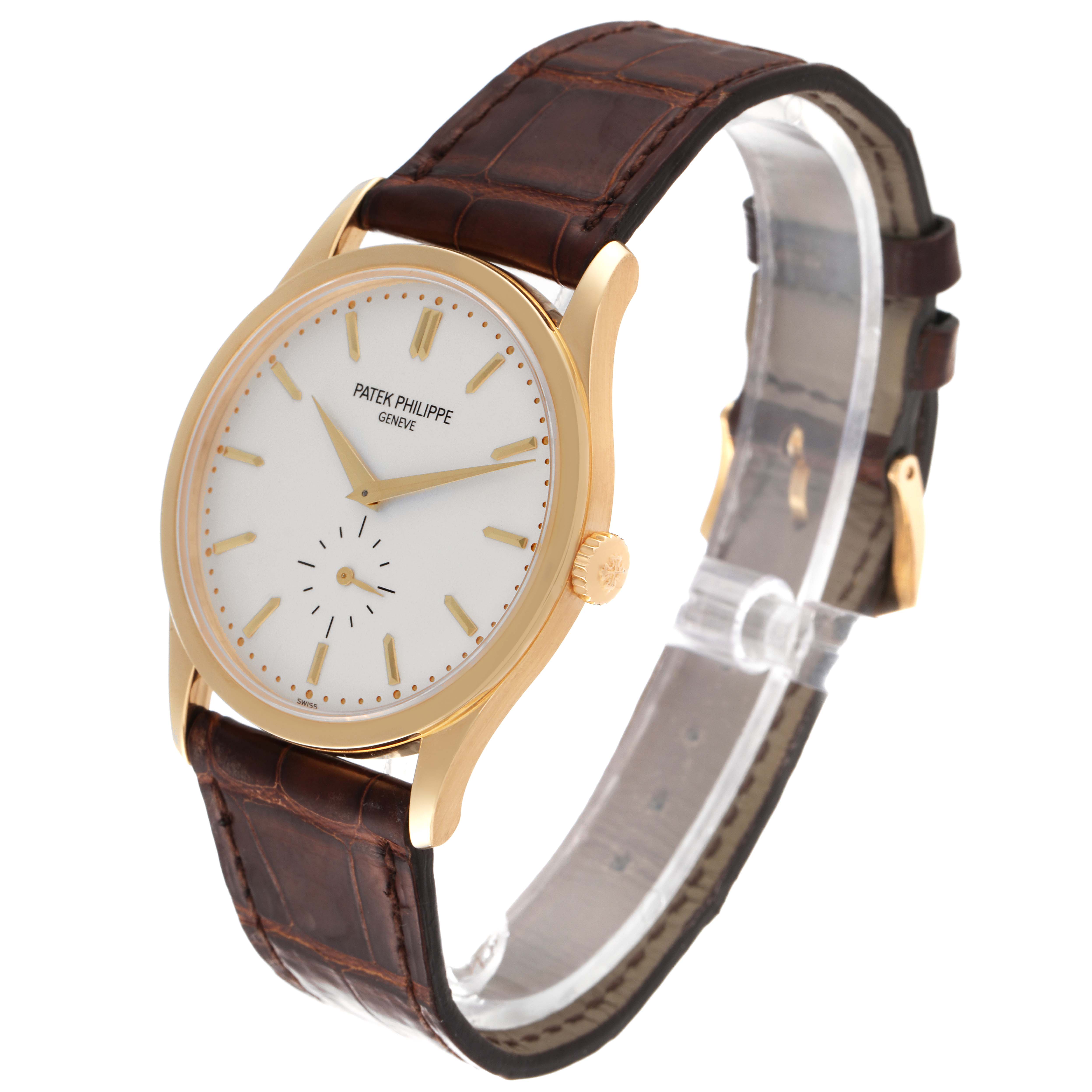The image shows a front-side angle of the Patek Philippe Calatrava 5196J Men's Yellow Gold Silver Dial 5196J Men's Yellow Gold Silver Dial, highlighting its white dial and brown leather strap.