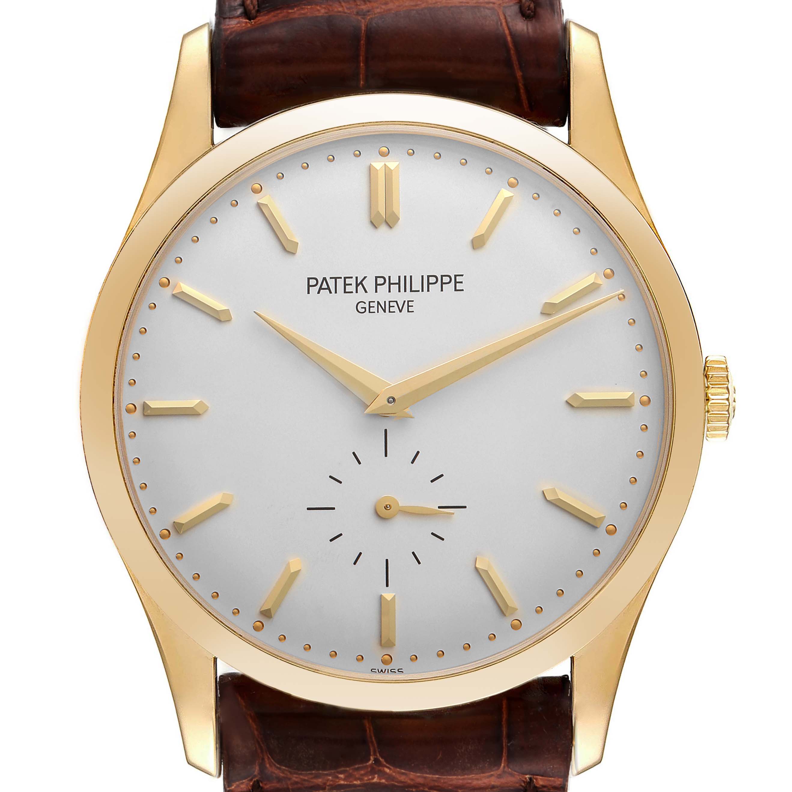 The image shows a frontal view of the Patek Philippe Calatrava 5196J Men's Yellow Gold Silver Dial 5196J Men's Yellow Gold Silver Dial watch, highlighting its dial, hands, case, and brown leather strap.