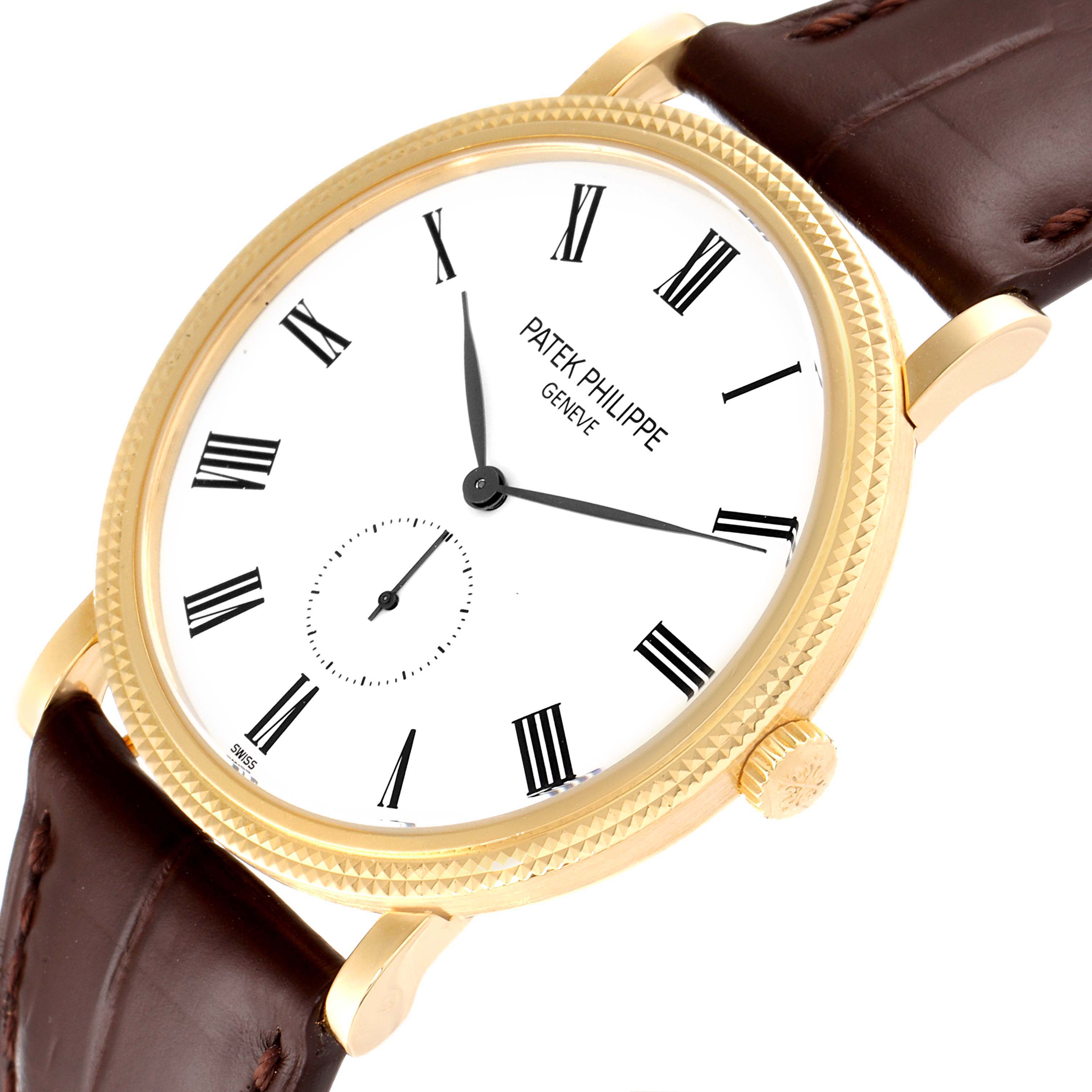 The image shows a close-up of the face, bezel, and upper strap of a Patek Philippe Calatrava 5119J Men's Yellow Gold White Dial 5119J Men's Yellow Gold White Dial watch.