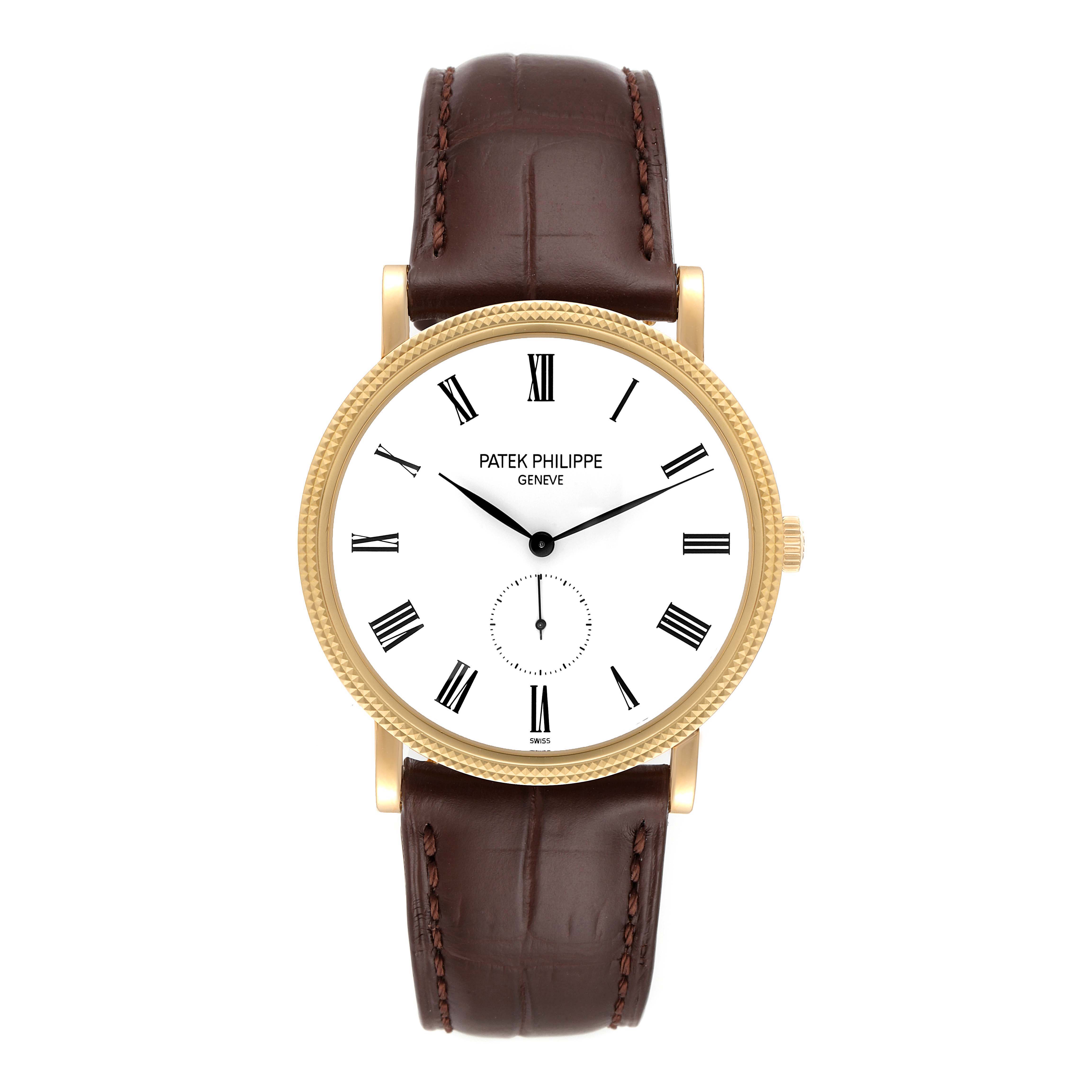 This image displays a front view of the Patek Philippe Calatrava 5119J Men's Yellow Gold White Dial 5119J Men's Yellow Gold White Dial watch, showing its dial, hands, case, and leather strap.