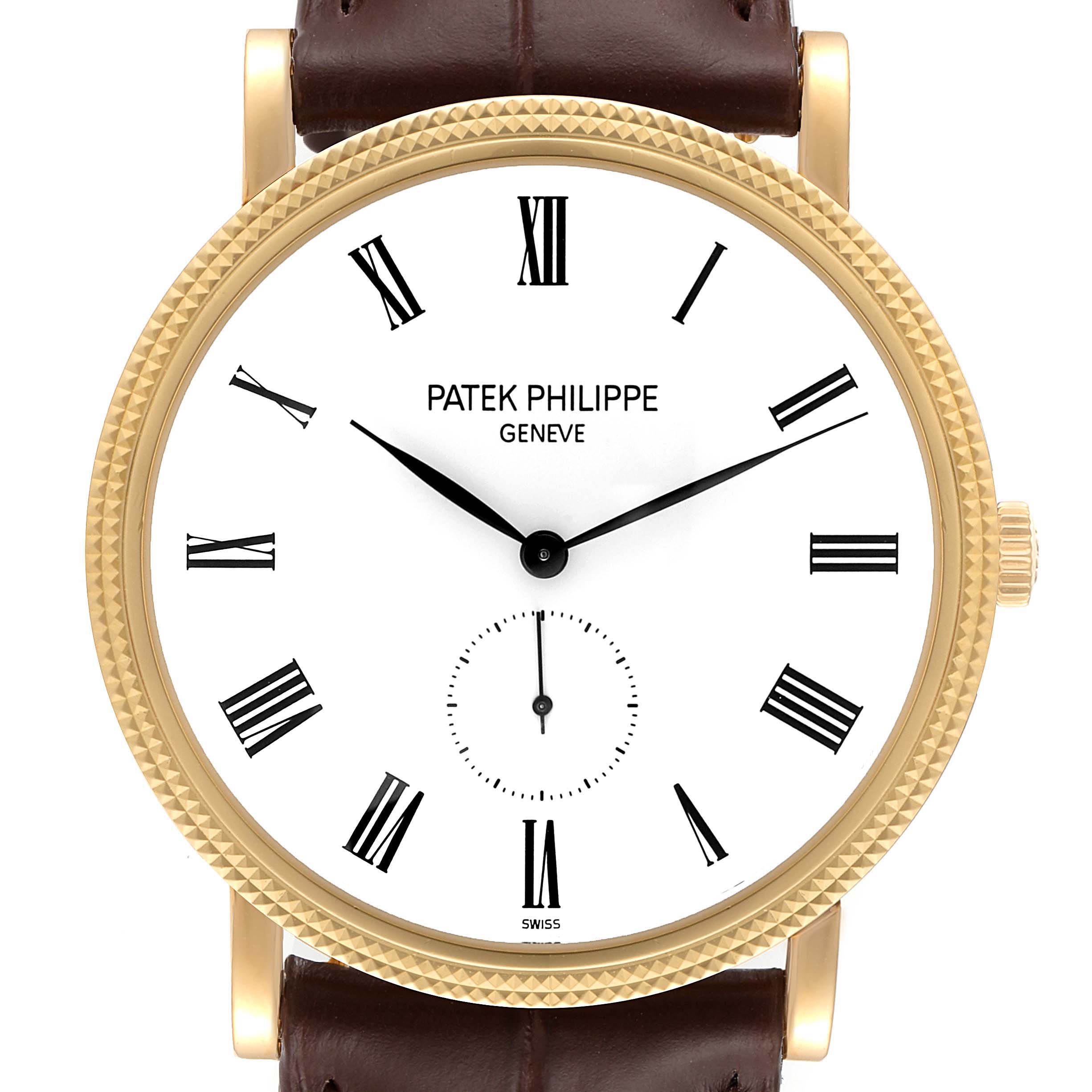 The image shows a frontal view of a Patek Philippe Calatrava 5119J Men's Yellow Gold White Dial 5119J Men's Yellow Gold White Dial watch, highlighting its dial, crown, and leather strap.