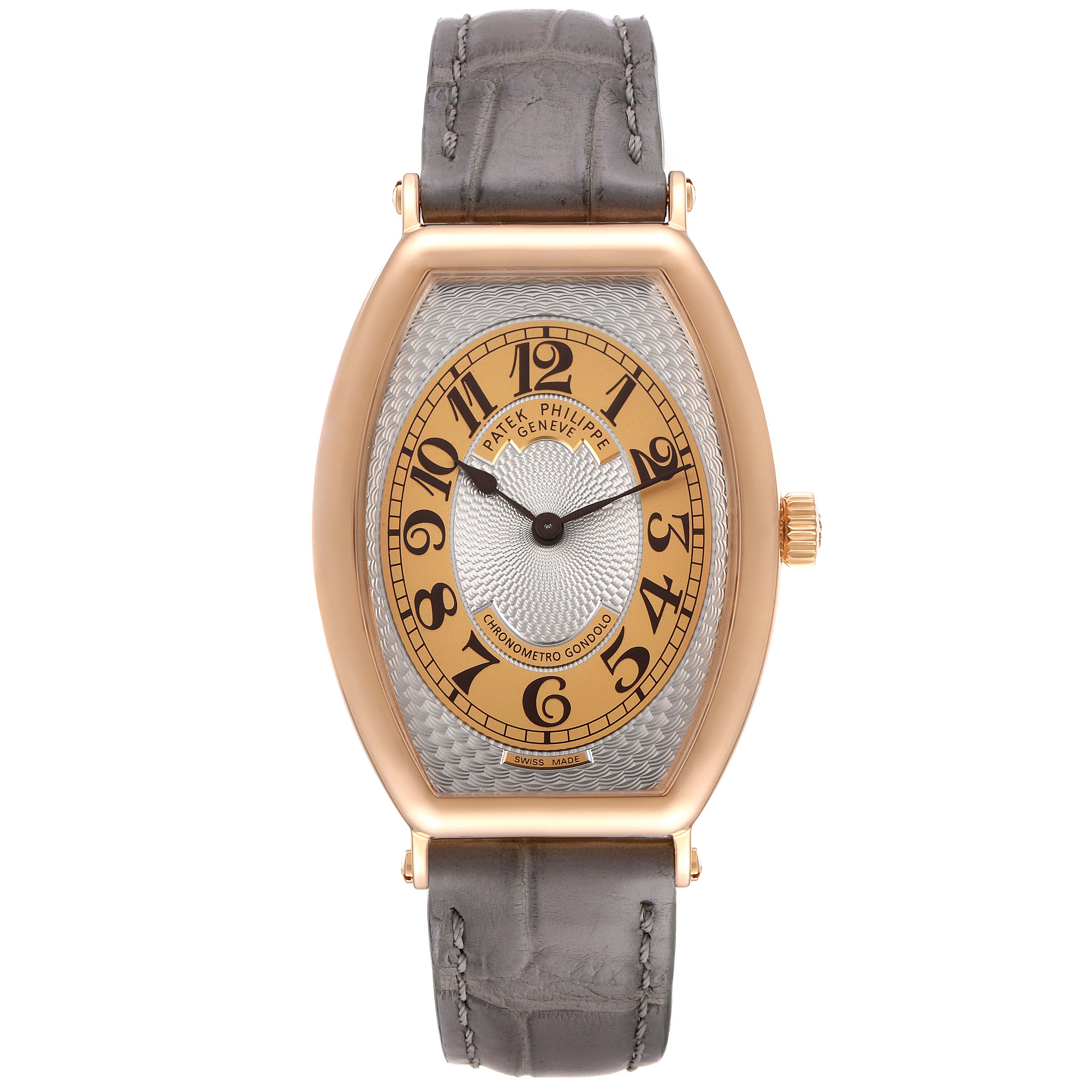 The image shows a frontal view of a Patek Philippe Gondolo 5098R Men's Rose Gold Silver Dial 5098R Men's Rose Gold Silver Dial watch including the case, dial, and straps.