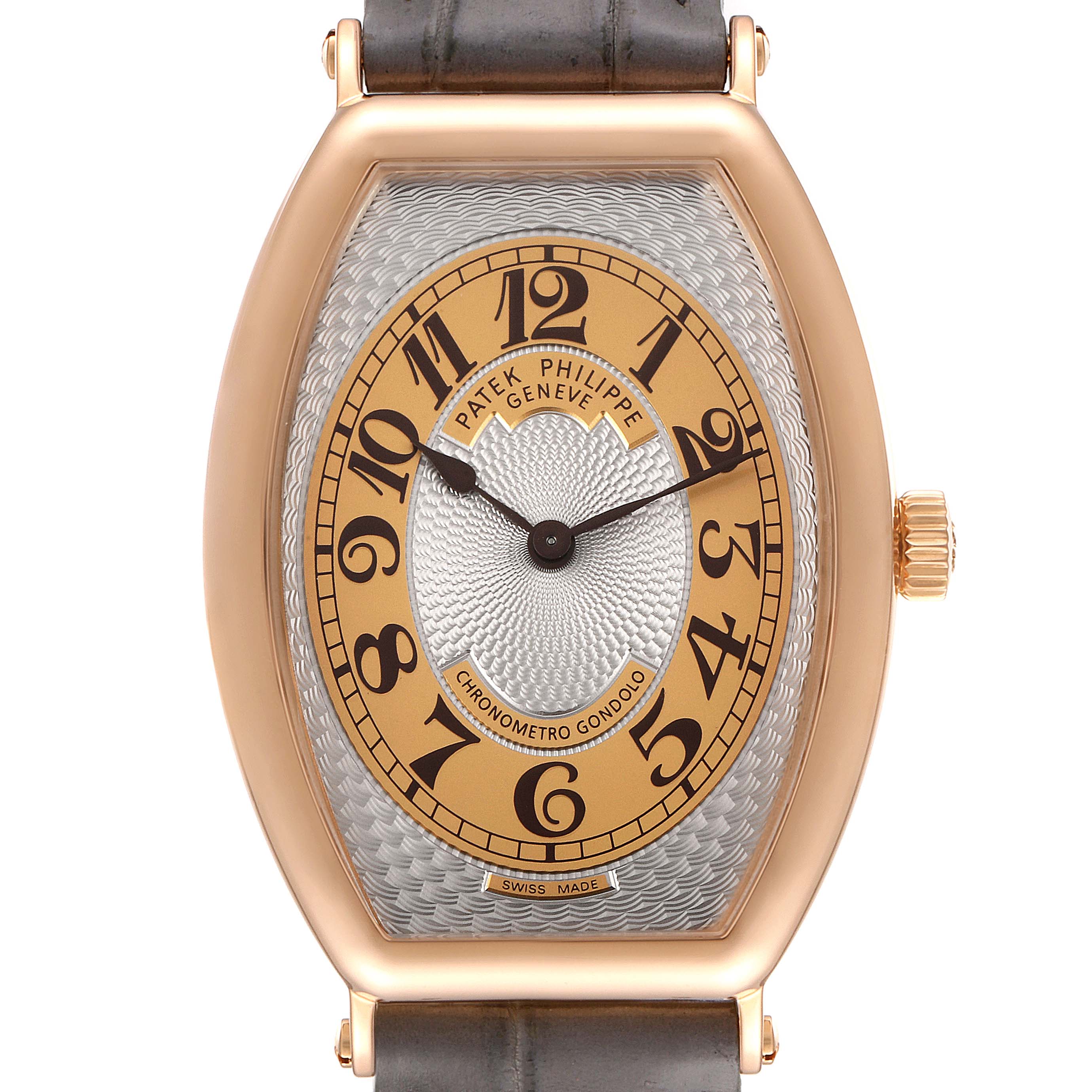 The image shows a front view of the Patek Philippe Gondolo 5098R Men's Rose Gold Silver Dial 5098R Men's Rose Gold Silver Dial watch, highlighting its dial, case, and strap attachments.
