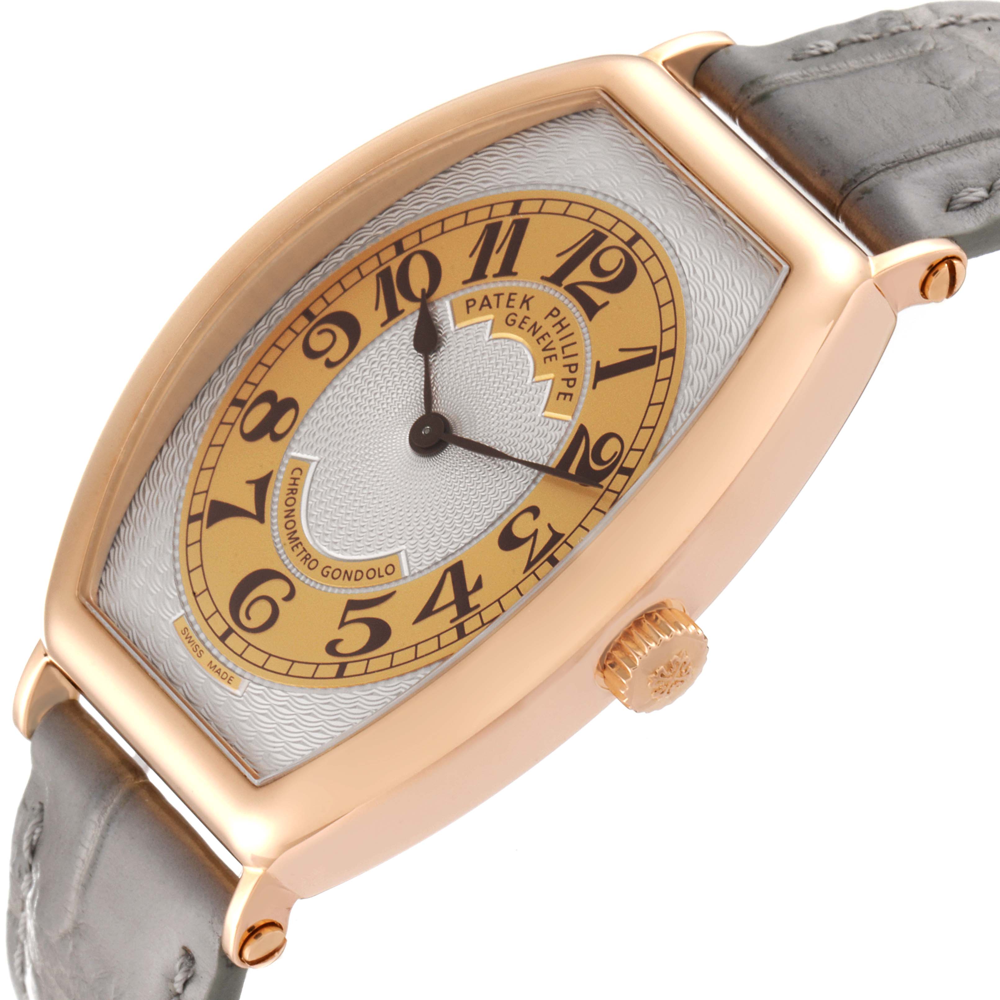 The image shows a side angle view of the Patek Philippe Gondolo 5098R Men's Rose Gold Silver Dial 5098R Men's Rose Gold Silver Dial watch, highlighting its dial, case, and crown.