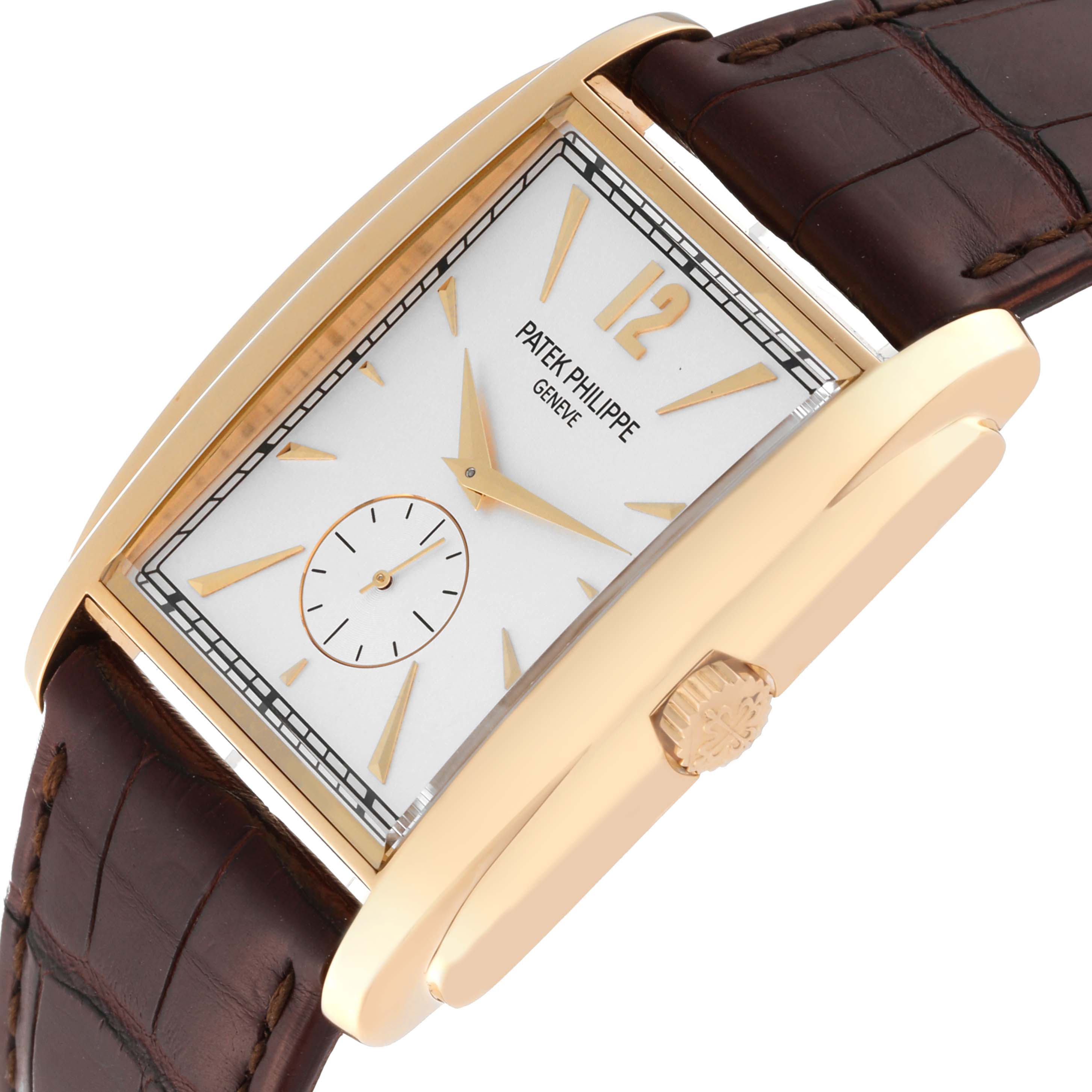 This image shows a close-up, angled view of the Patek Philippe Gondolo 5124J Men's Yellow Gold Silver Dial 5124J Men's Yellow Gold Silver Dial watch, focusing on the dial, case, crown, and part of the strap.