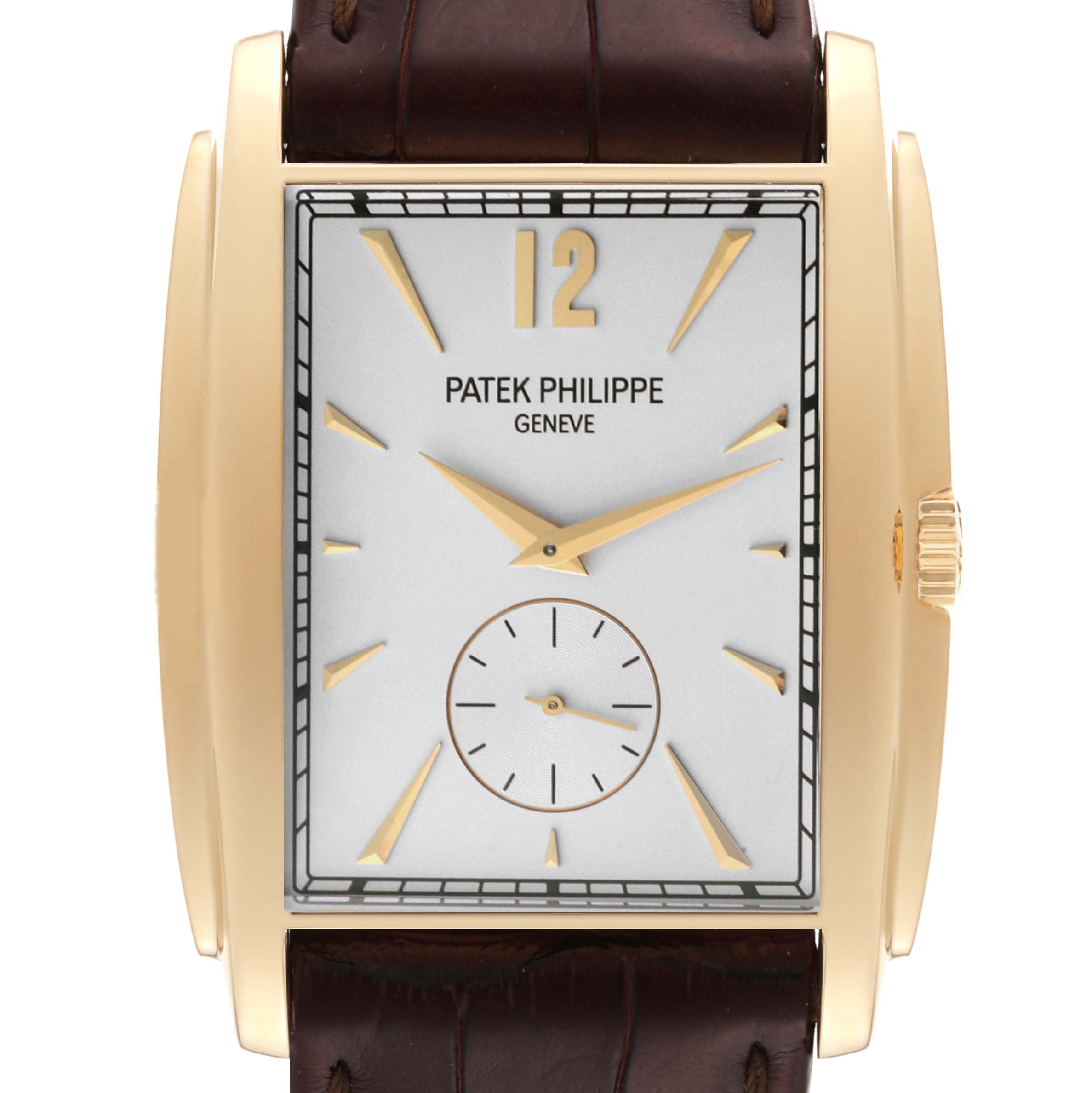 The image shows a front view of the Patek Philippe Gondolo 5124J Men's Yellow Gold Silver Dial 5124J Men's Yellow Gold Silver Dial watch, featuring its rectangular dial, golden hands, and leather strap.