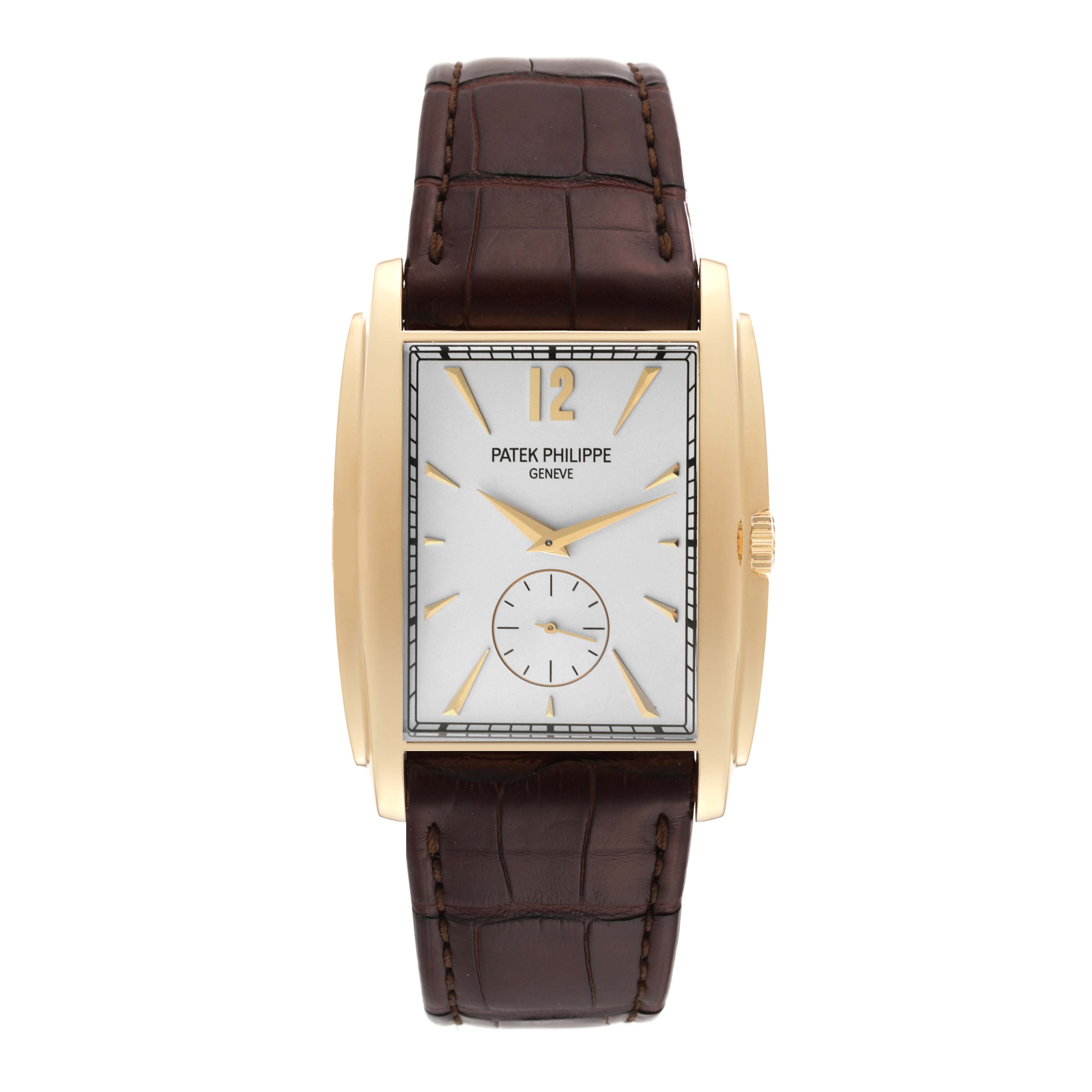 The image shows a front view of the Patek Philippe Gondolo 5124J Men's Yellow Gold Silver Dial 5124J Men's Yellow Gold Silver Dial watch with its dial, case, crown, and leather strap visible.