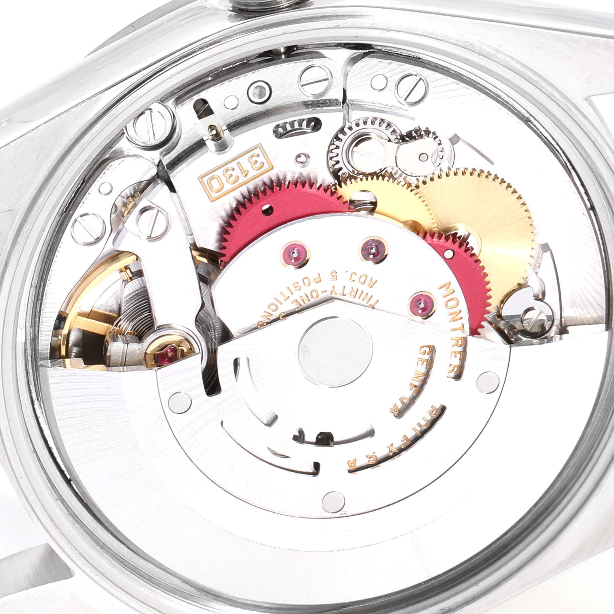 The image shows the inner mechanical movement of a Rolex Air-King 14000M Men's Stainless Steel Blue Dial 14000M Men's Stainless Steel Blue Dial watch, including gears and intricate components.