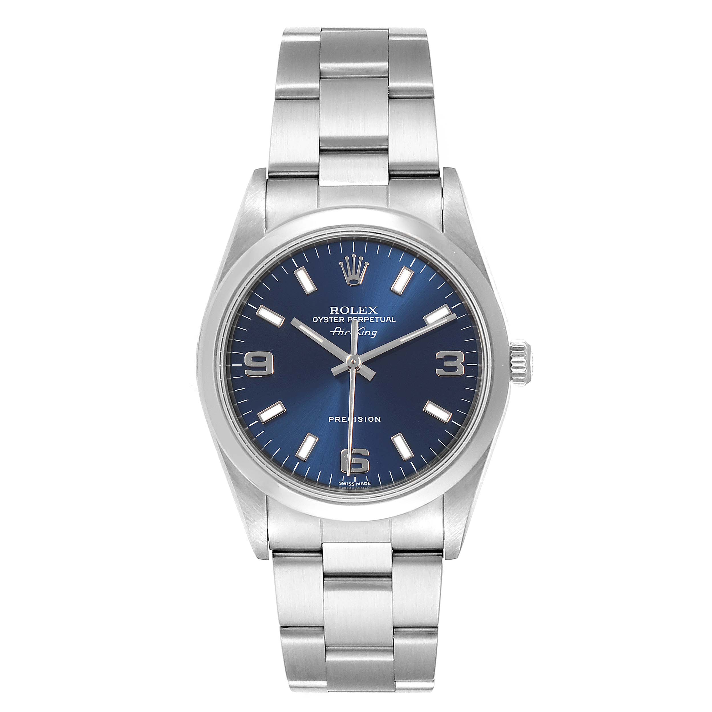 The image shows a frontal view of the Rolex Air-King 14000M Men's Stainless Steel Blue Dial 14000M Men's Stainless Steel Blue Dial watch, displaying its blue dial, case, and bracelet.