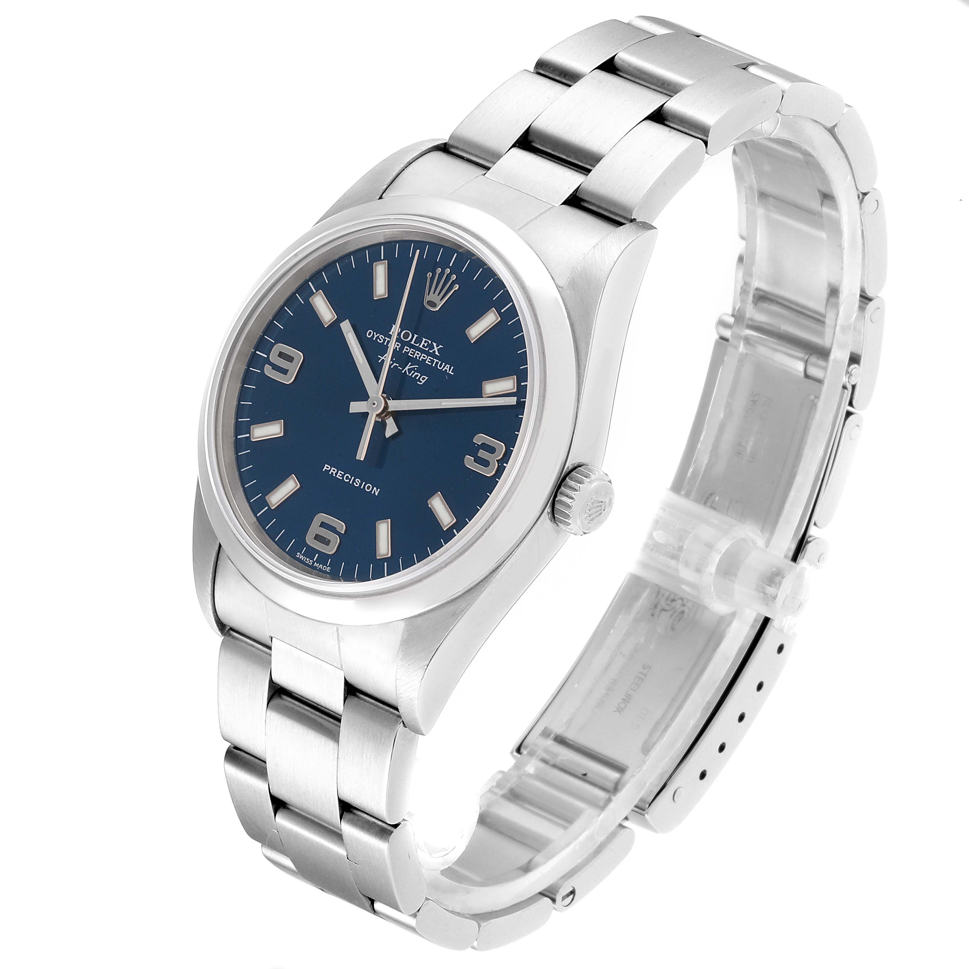 The Rolex Air-King 14000M Men's Stainless Steel Blue Dial 14000M Men's Stainless Steel Blue Dial watch is shown at a slight angle highlighting the bezel, dial, and bracelet.