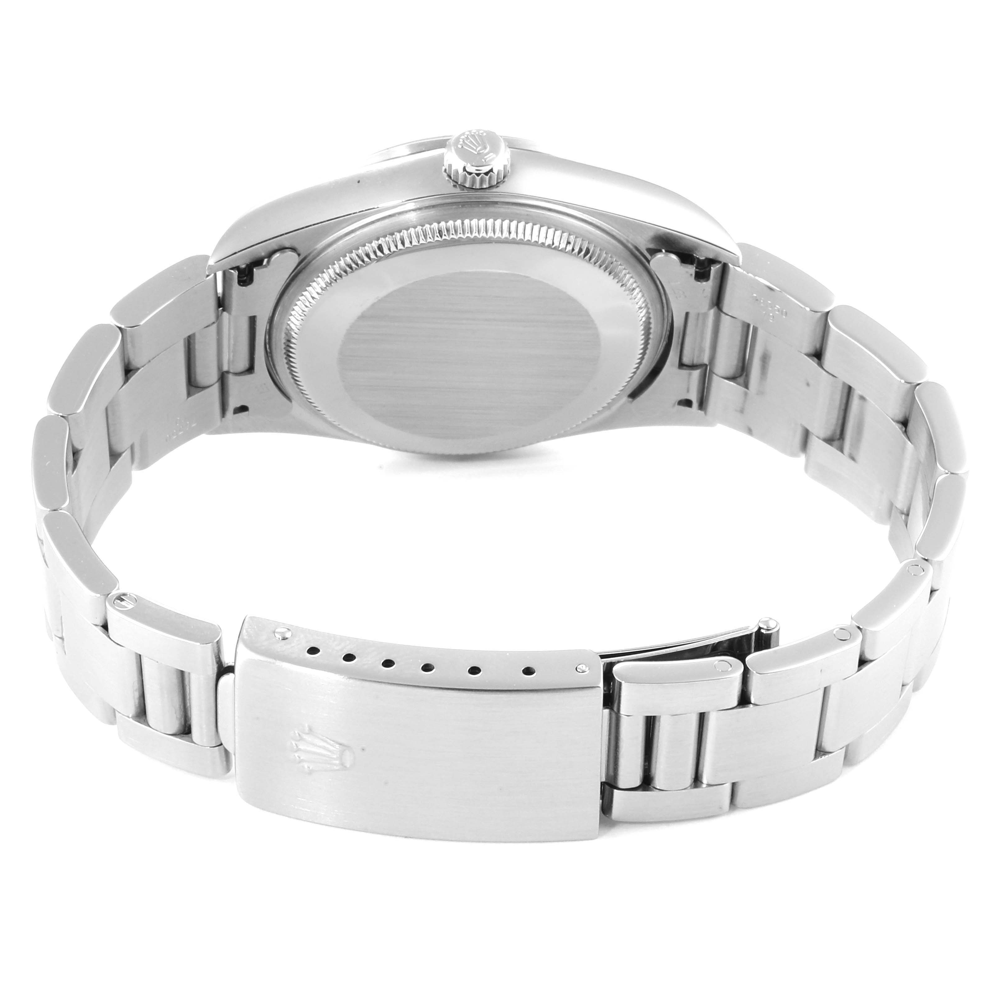 The image shows the back of a Rolex Air-King 14000M Men's Stainless Steel Blue Dial 14000M Men's Stainless Steel Blue Dial watch, highlighting the bracelet, clasp, and case back.