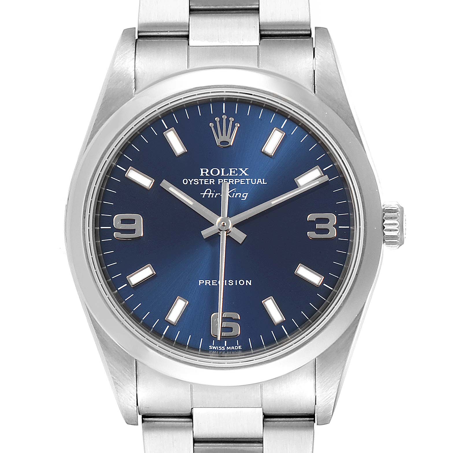 This is a front view of a Rolex Air-King 14000M Men's Stainless Steel Blue Dial 14000M Men's Stainless Steel Blue Dial watch displaying its blue face, crown, and metal strap.