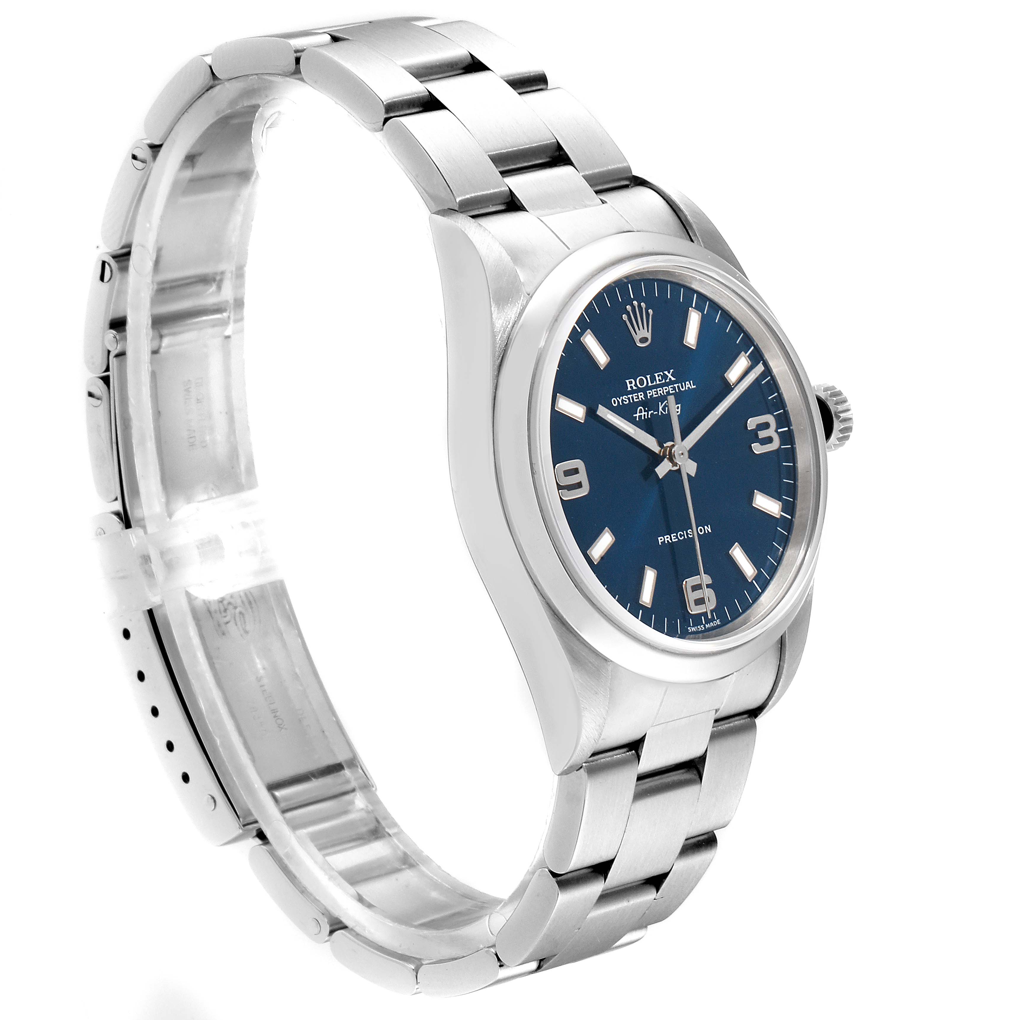 The image shows a Rolex Air-King 14000M Men's Stainless Steel Blue Dial 14000M Men's Stainless Steel Blue Dial wristwatch at a slight angle, highlighting the blue dial, stainless steel case, and bracelet.
