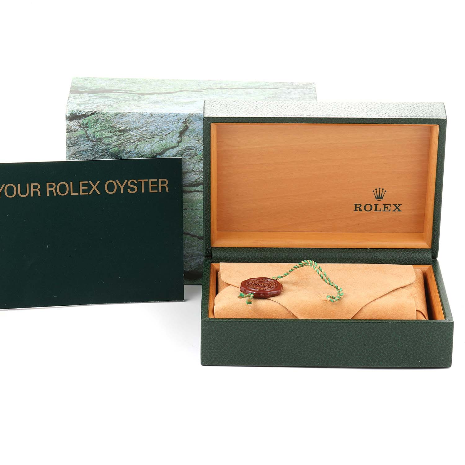 The image shows a Rolex Air-King 14000M Men's Stainless Steel Blue Dial 14000M Men's Stainless Steel Blue Dial box, an instruction booklet, and a pouch with a wax seal.