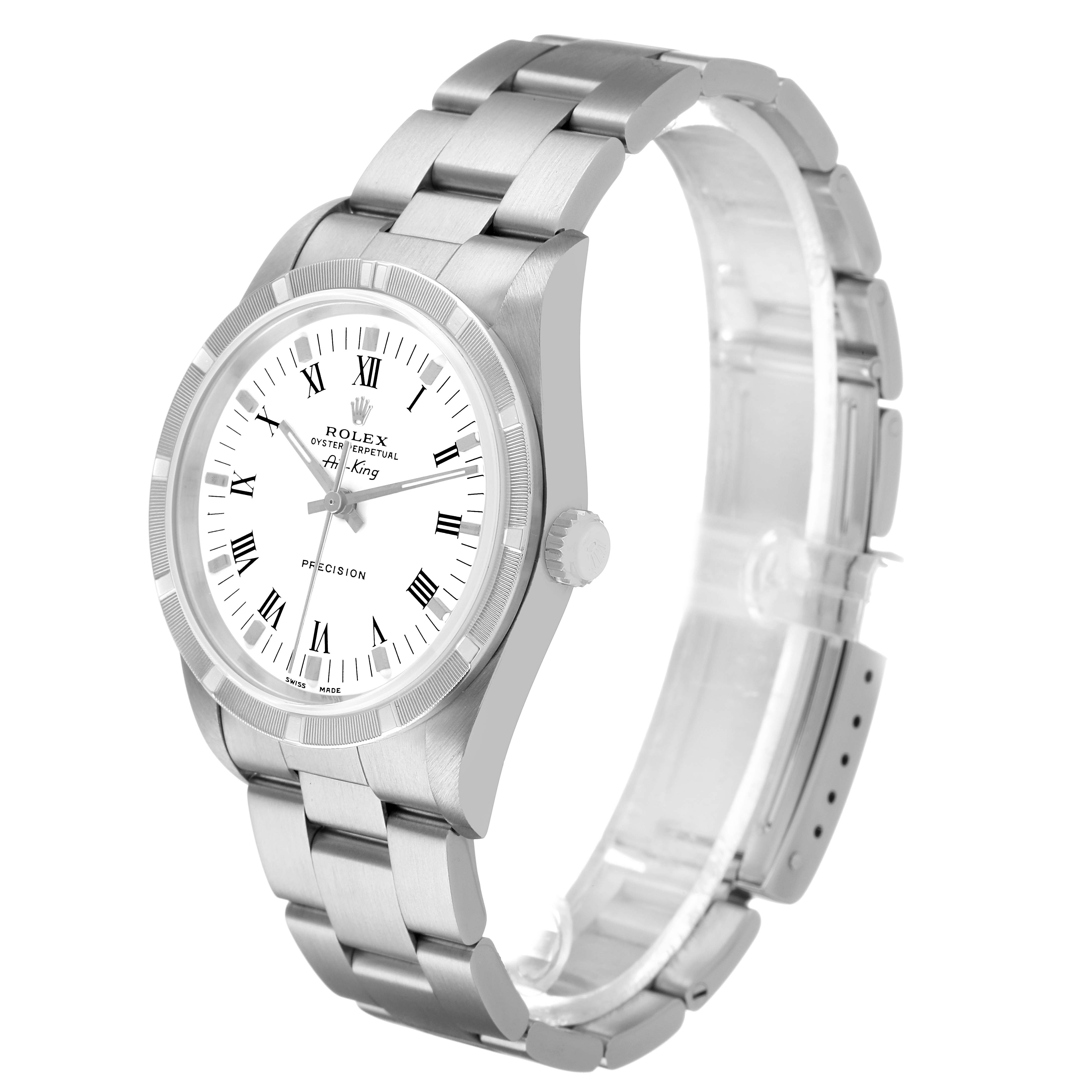 The Rolex Air-King 14010 Men's Stainless Steel White Dial is shown at an angled view highlighting the face, bezel, crown, and bracelet.