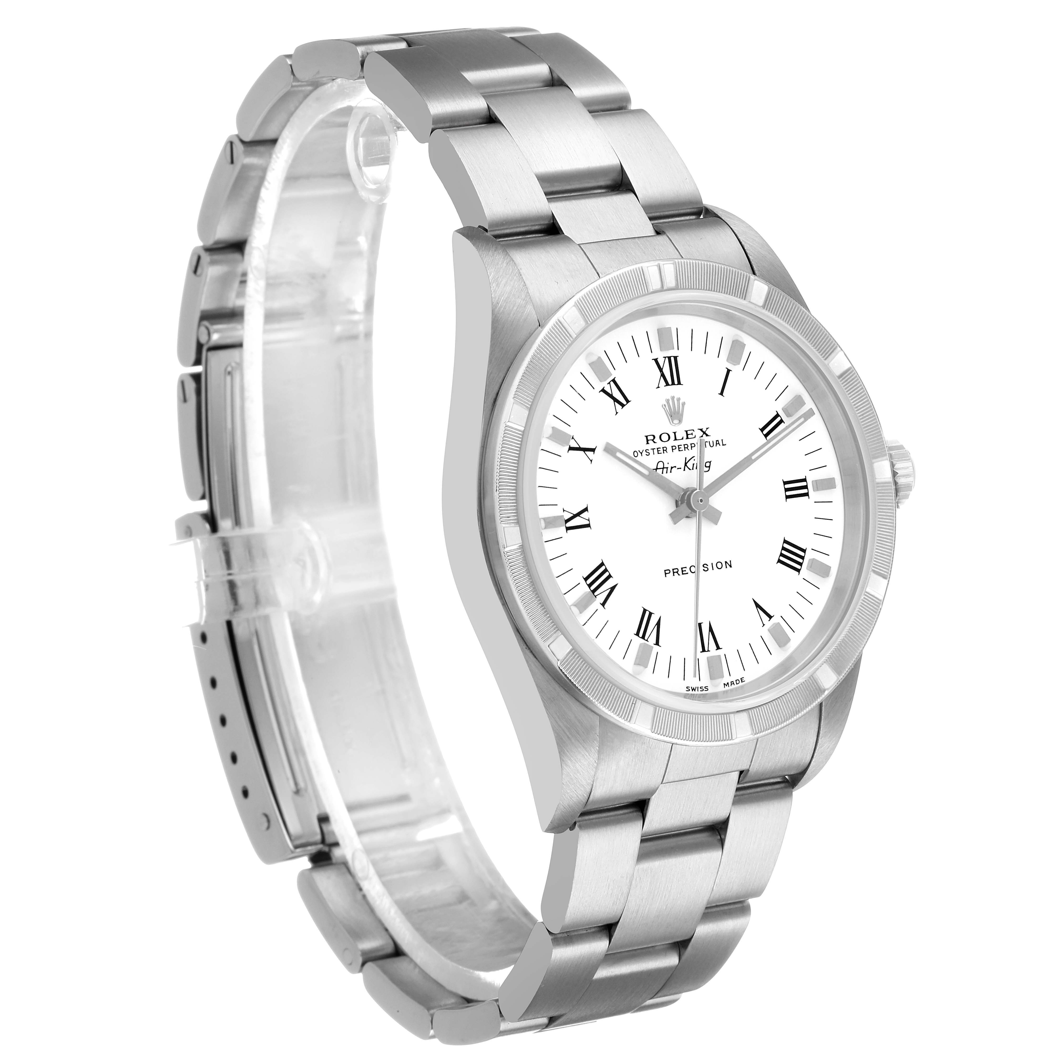 The Rolex Air-King 14010 Men's Stainless Steel White Dial watch is shown at a three-quarter angle, displaying its bracelet, case, and face with Roman numerals.