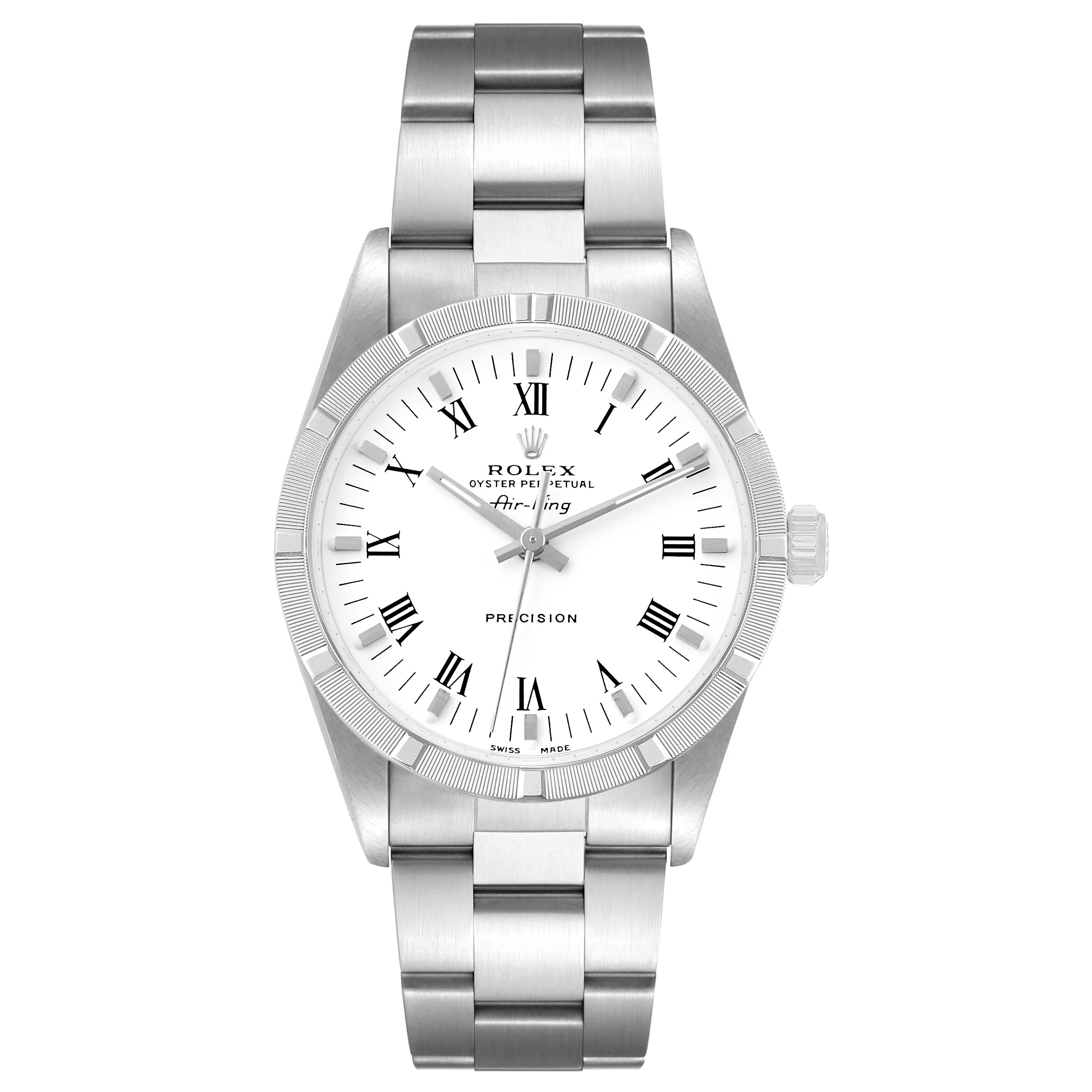 The Rolex Air-King 14010 Men's Stainless Steel White Dial watch is shown from a front angle, displaying its dial, bezel, bracelet, and crown.