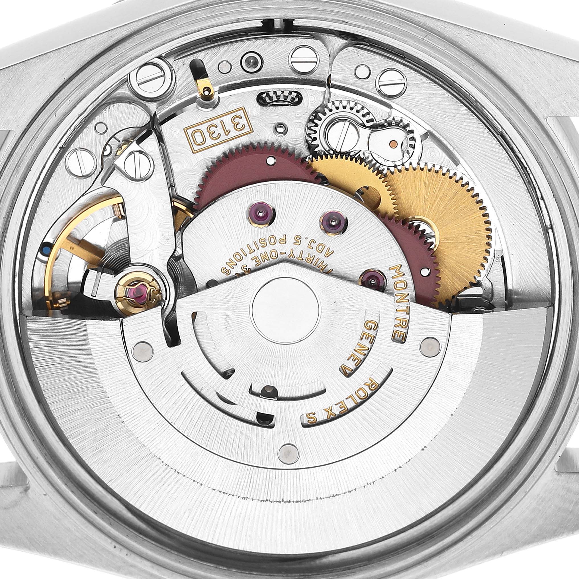 The image shows the interior movement mechanism of a Rolex Air-King 14010 Men's Stainless Steel White Dial watch, viewed from the back.