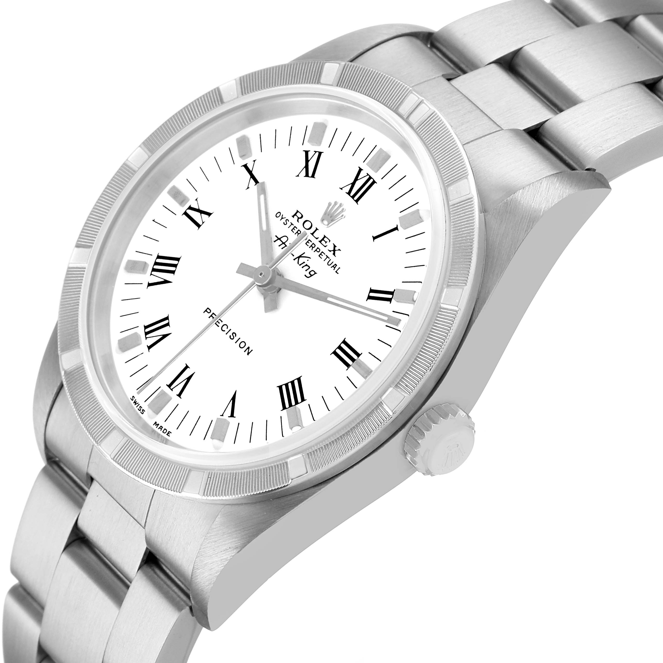 The Rolex Air-King 14010 Men's Stainless Steel White Dial watch is shown at a slight angle, featuring the dial, bezel, crown, and bracelet.