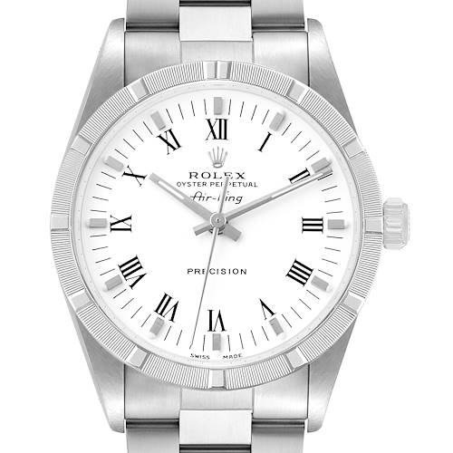 The Rolex Air-King 14010 Men's Stainless Steel White Dial watch is shown from a top-down angle, displaying the dial, bezel, and bracelet.